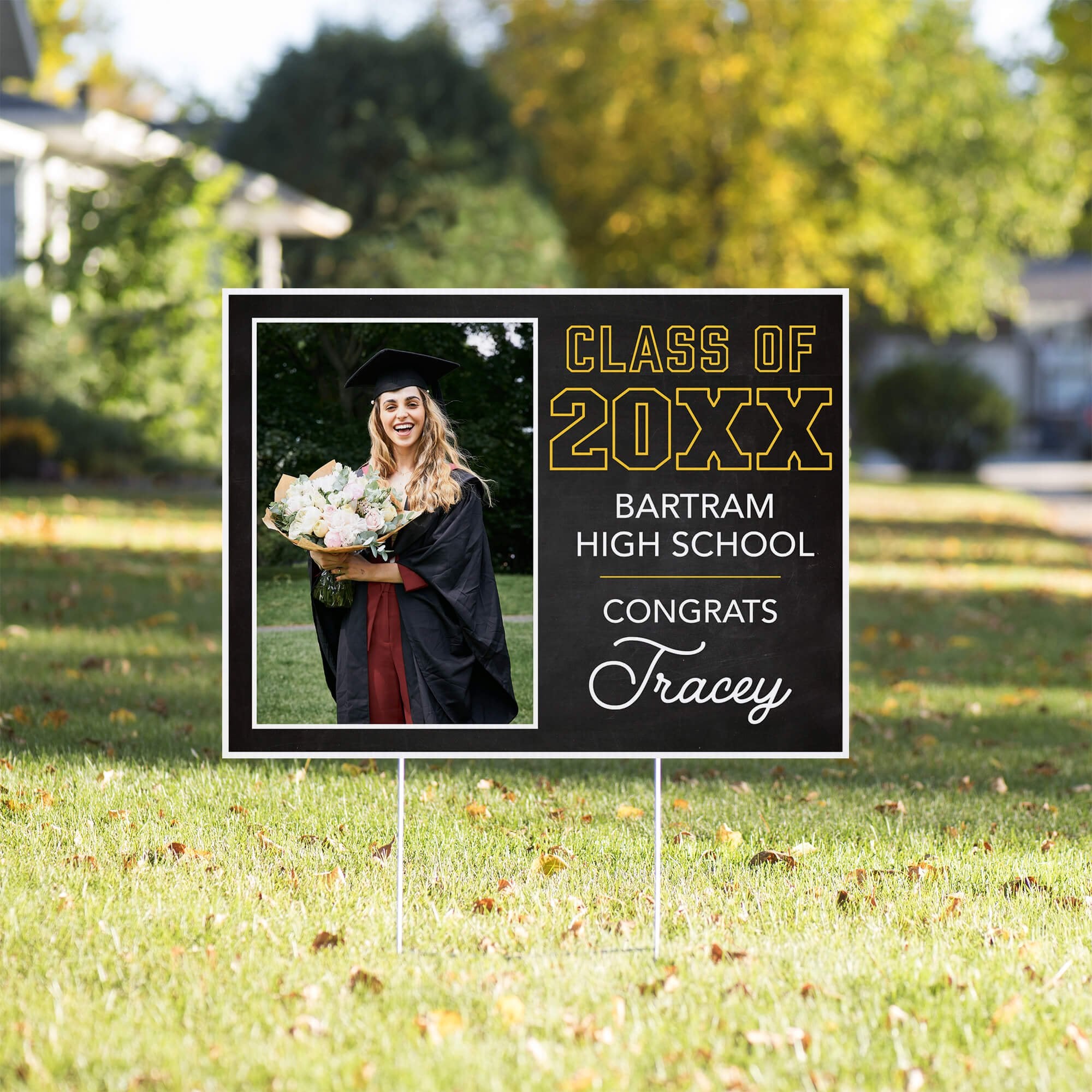 Chalkboard Design Graduation Yard Sign in a front yard