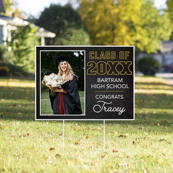 Chalkboard Design Graduation Yard Sign in a front yard