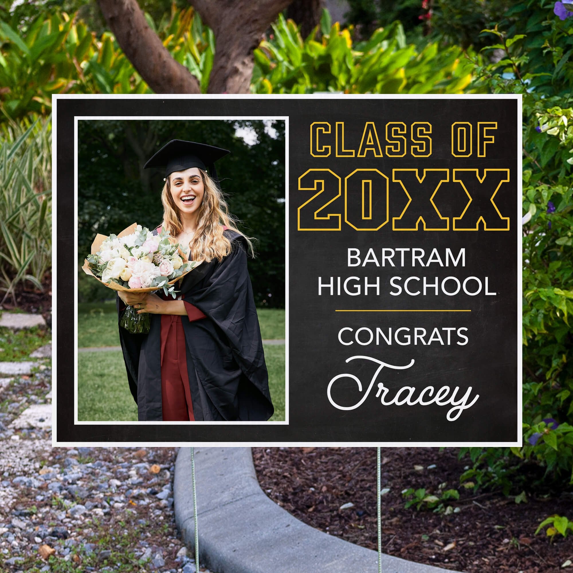Chalkboard Design Graduation Yard Sign displayed by pavement