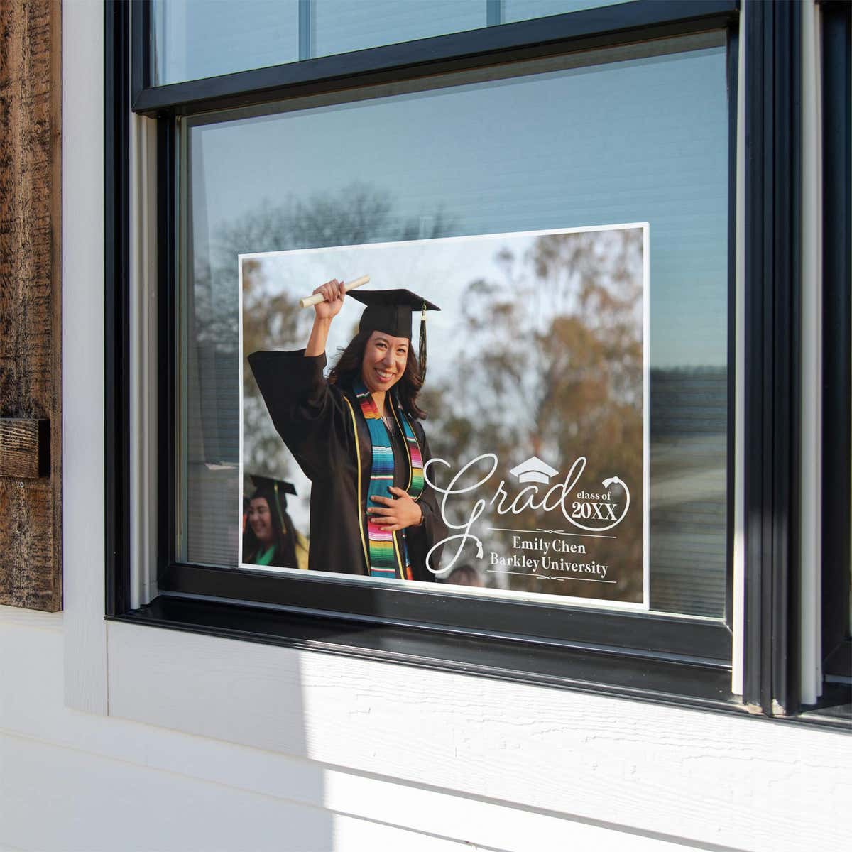 Graduation Yard Sign Script Text displayed in a window