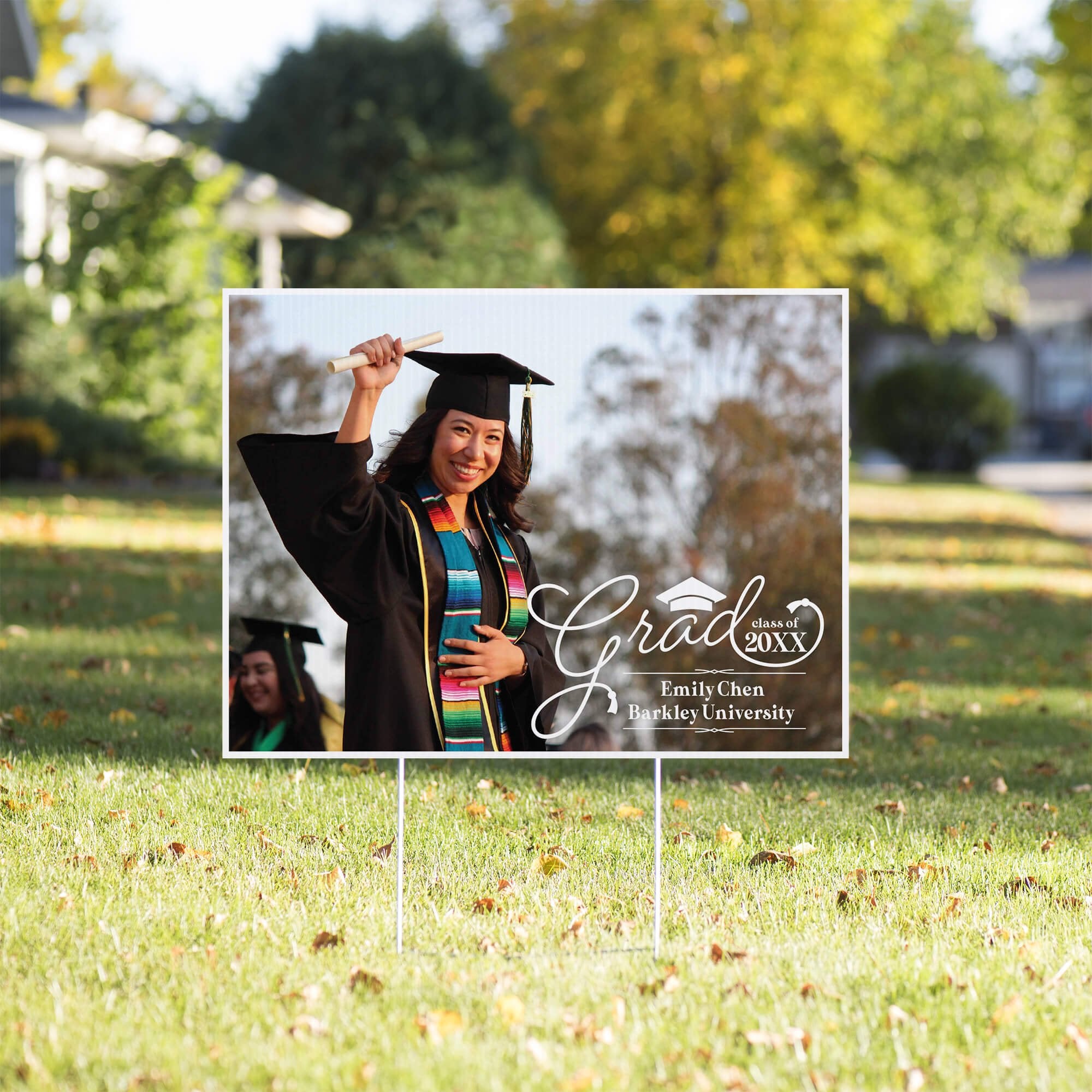 Graduation Yard Sign Script Text in a front yard
