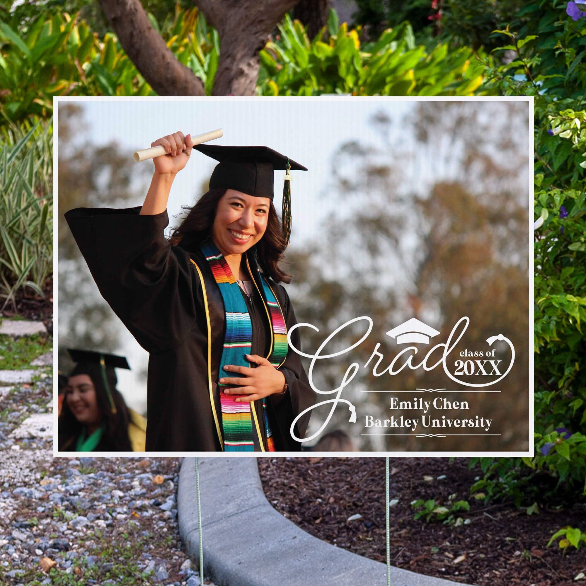 Graduation Yard Sign Script Text displayed by pavement