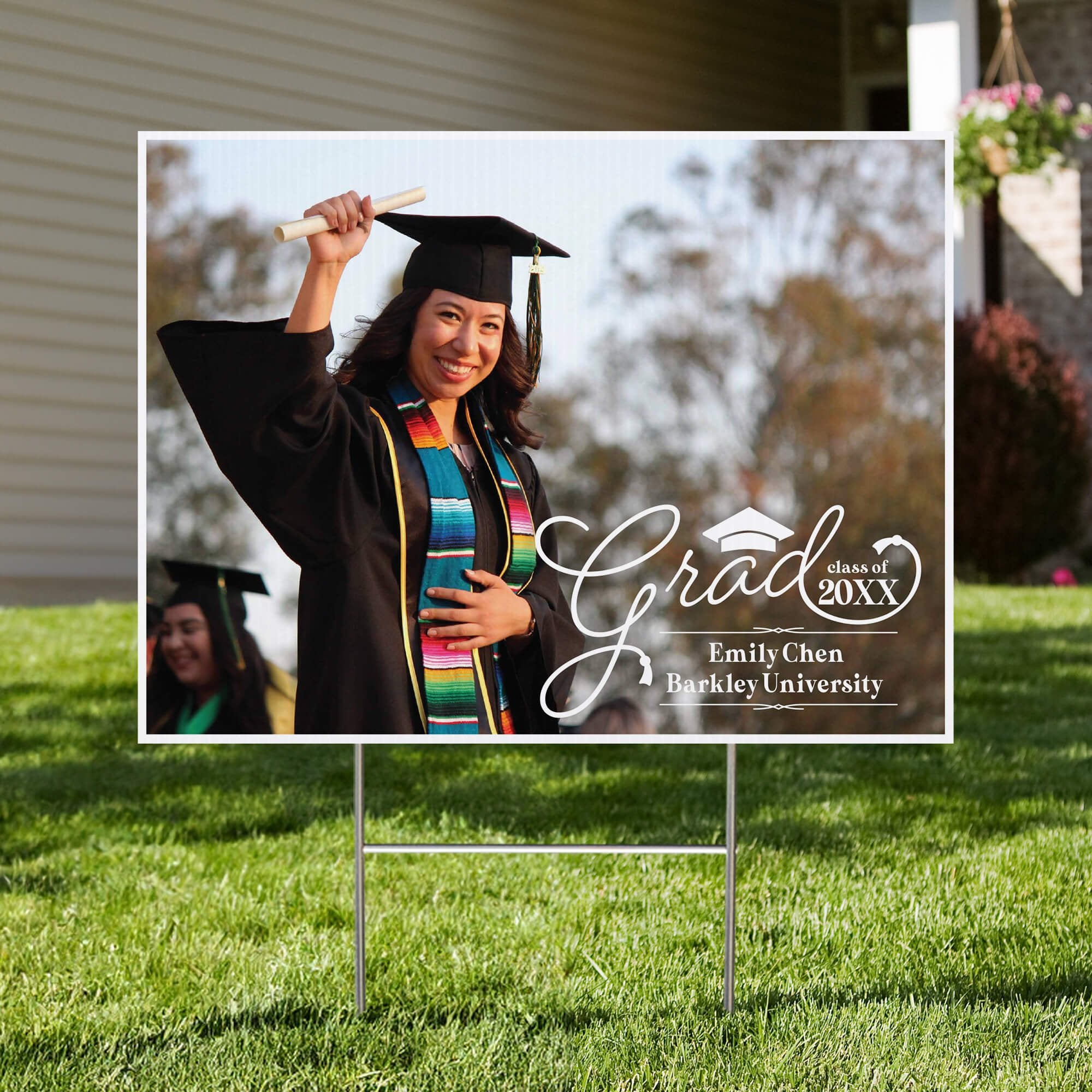 Graduation Yard Sign Script Text displayed in a front yard