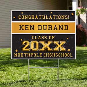 Gold Stars Graduation Yard Sign displayed in a front yard
