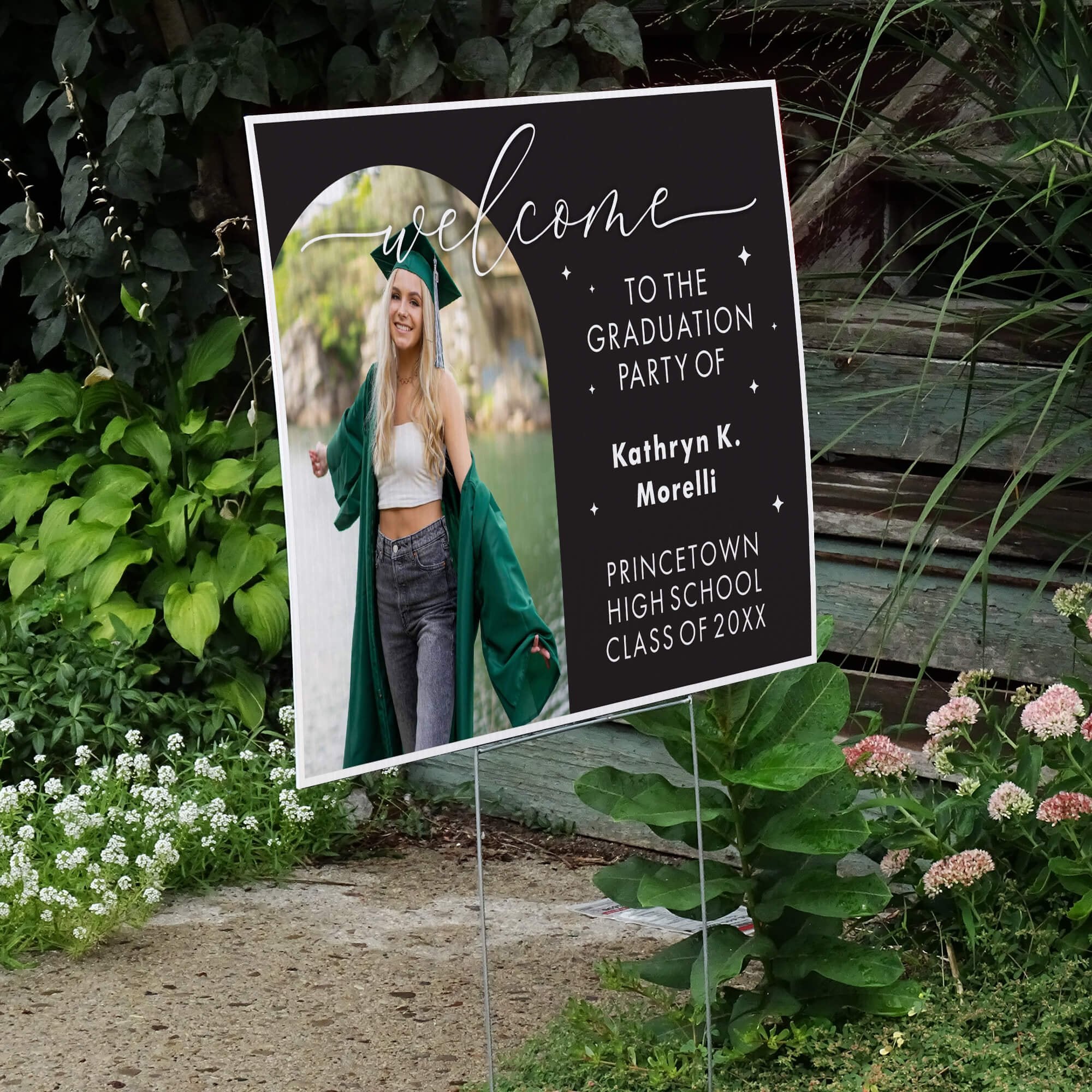 Graduation Party Yard Sign displayed by a pathway leading to stairs