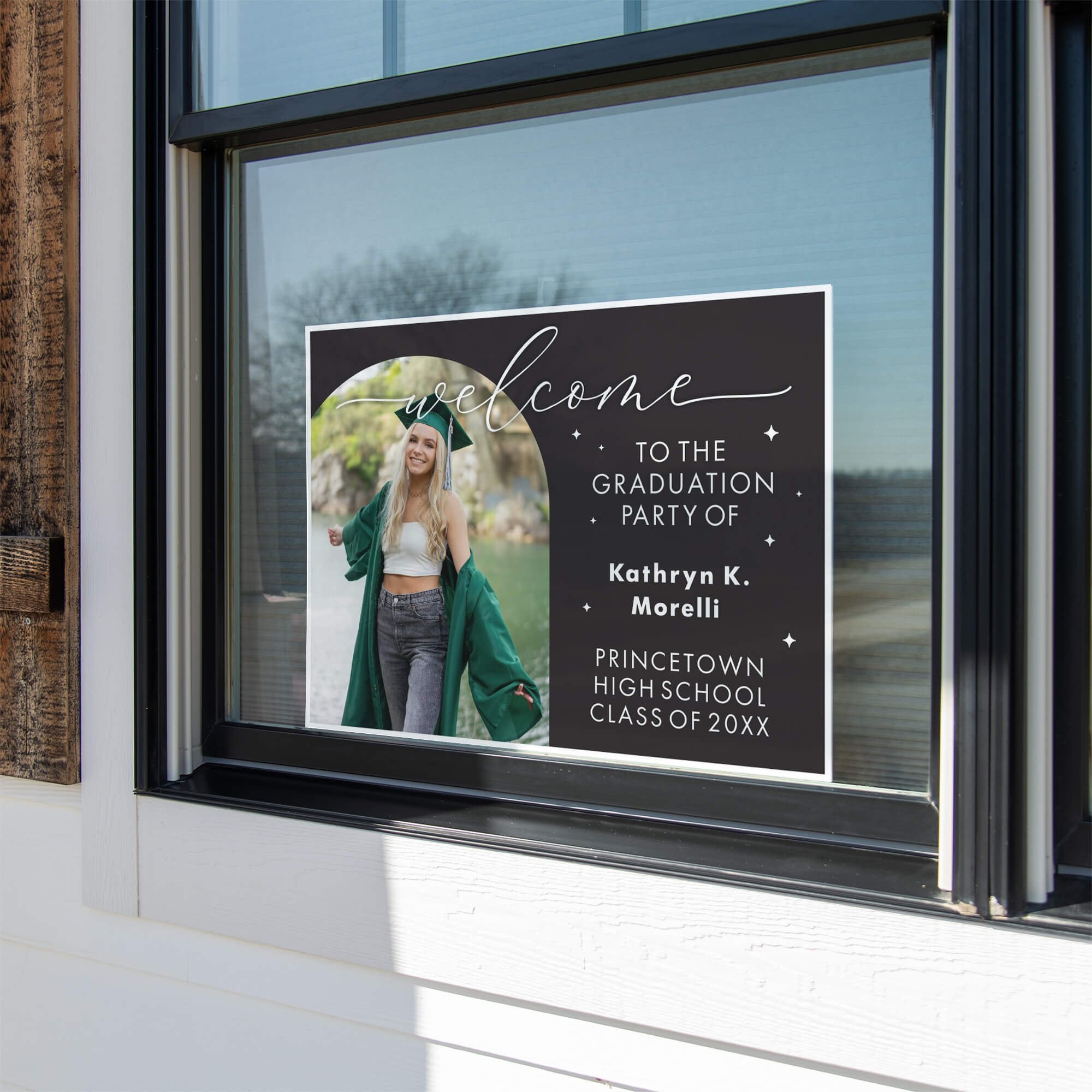 Graduation Party Yard Sign displayed in a window