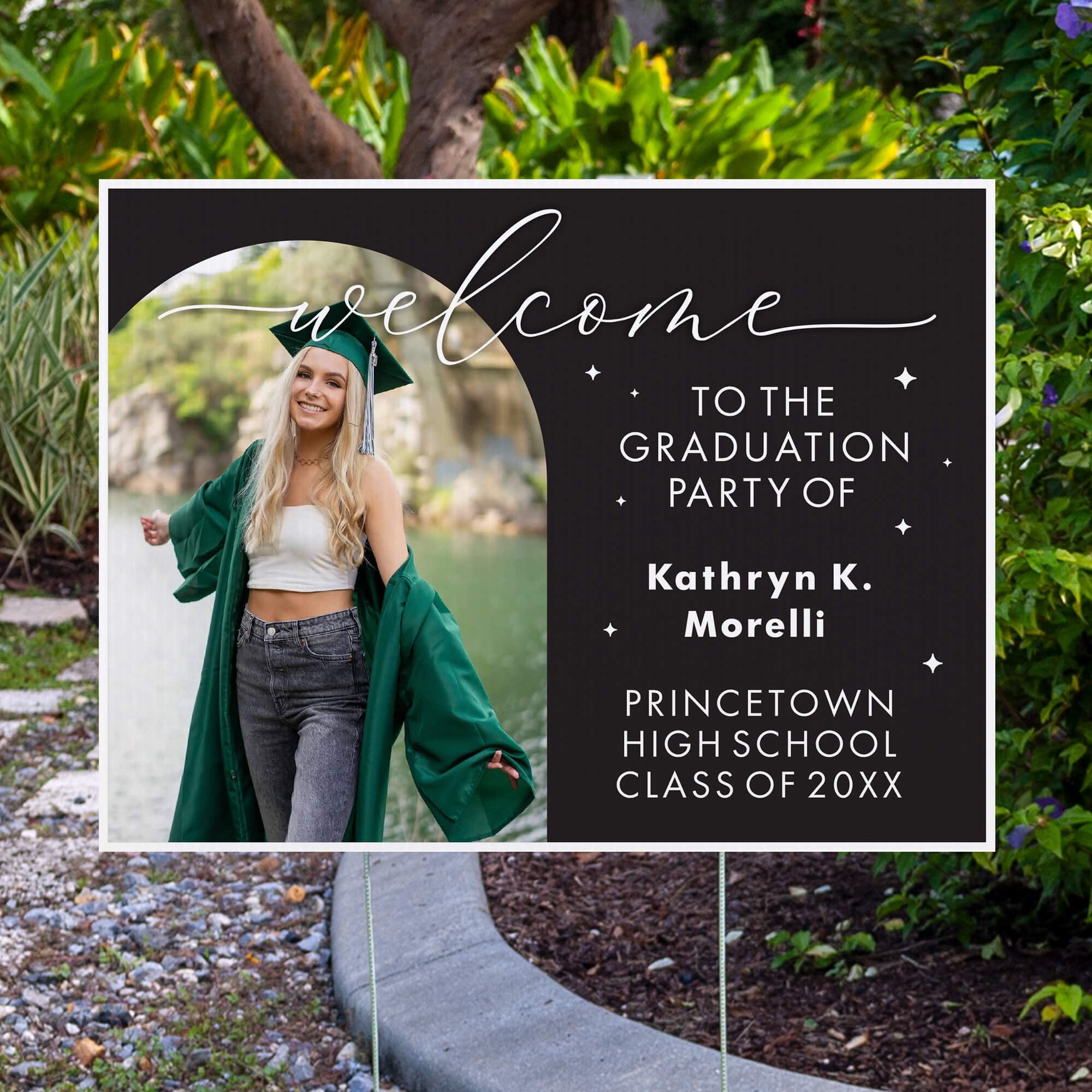 Graduation Party Yard Sign displayed by pavement