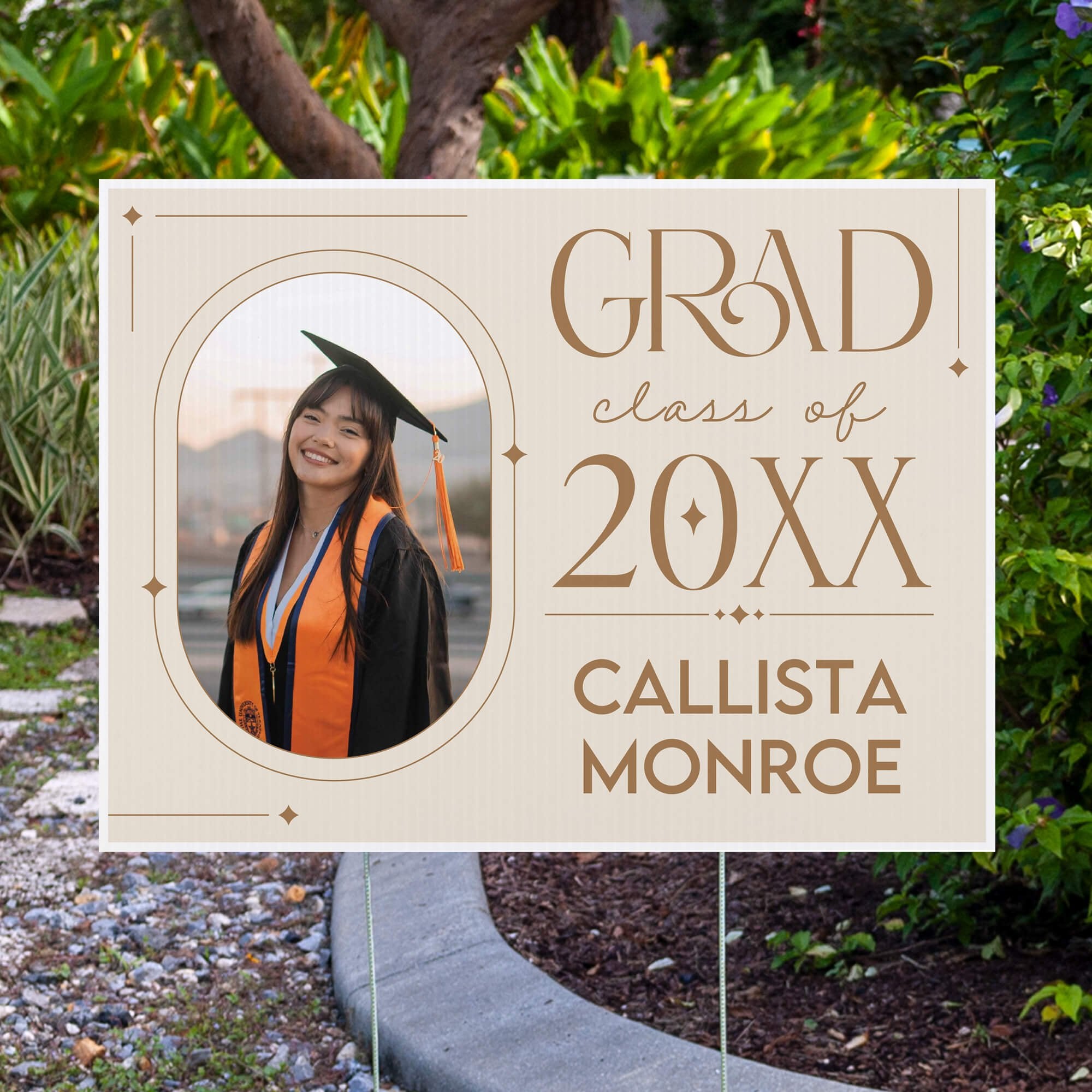 Modern Minimalist Graduation Yard Sign displayed by pavement
