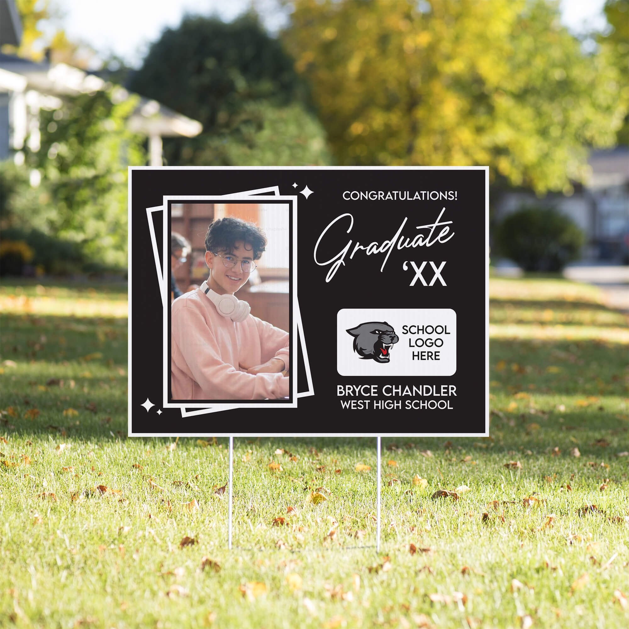 Picture Frame Graduation Yard Sign in a front yard