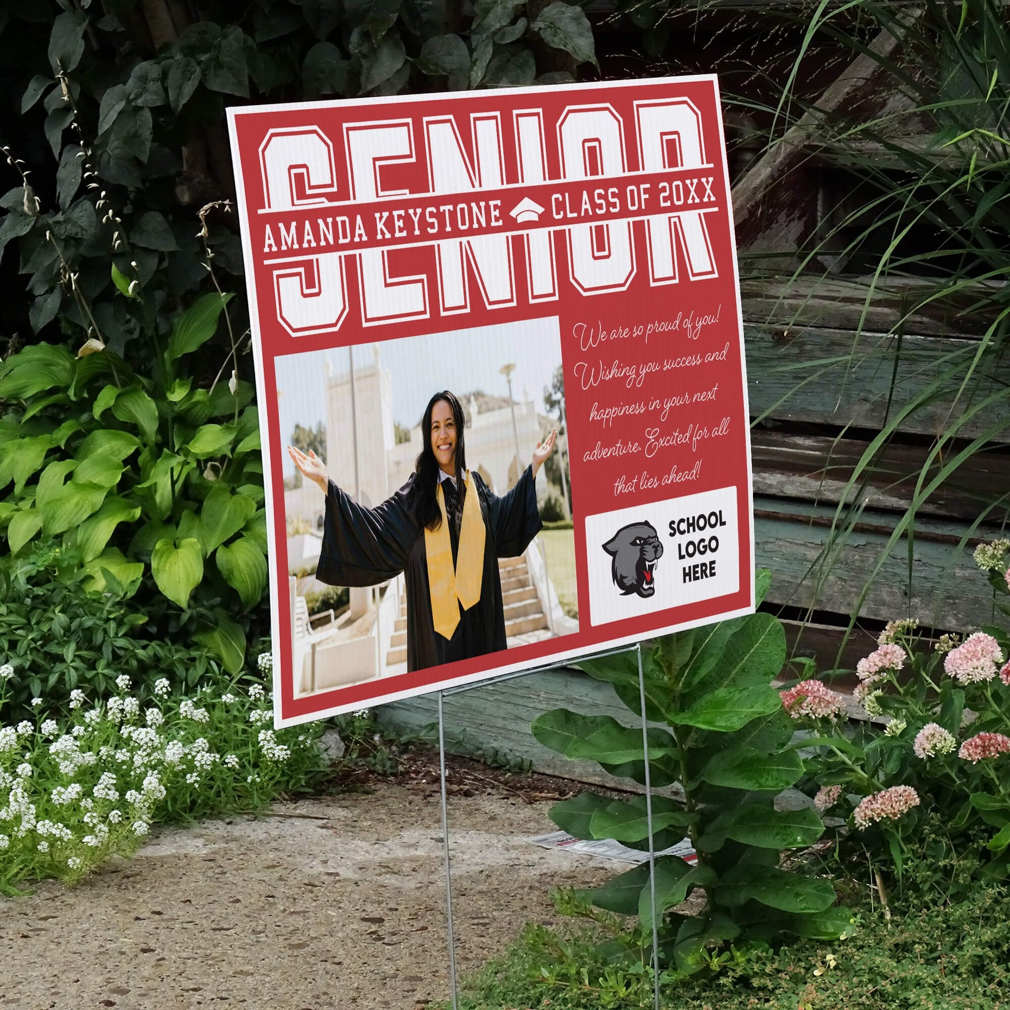 Senior Graduation Yard Sign with Note displayed by a pathway leading to stairs