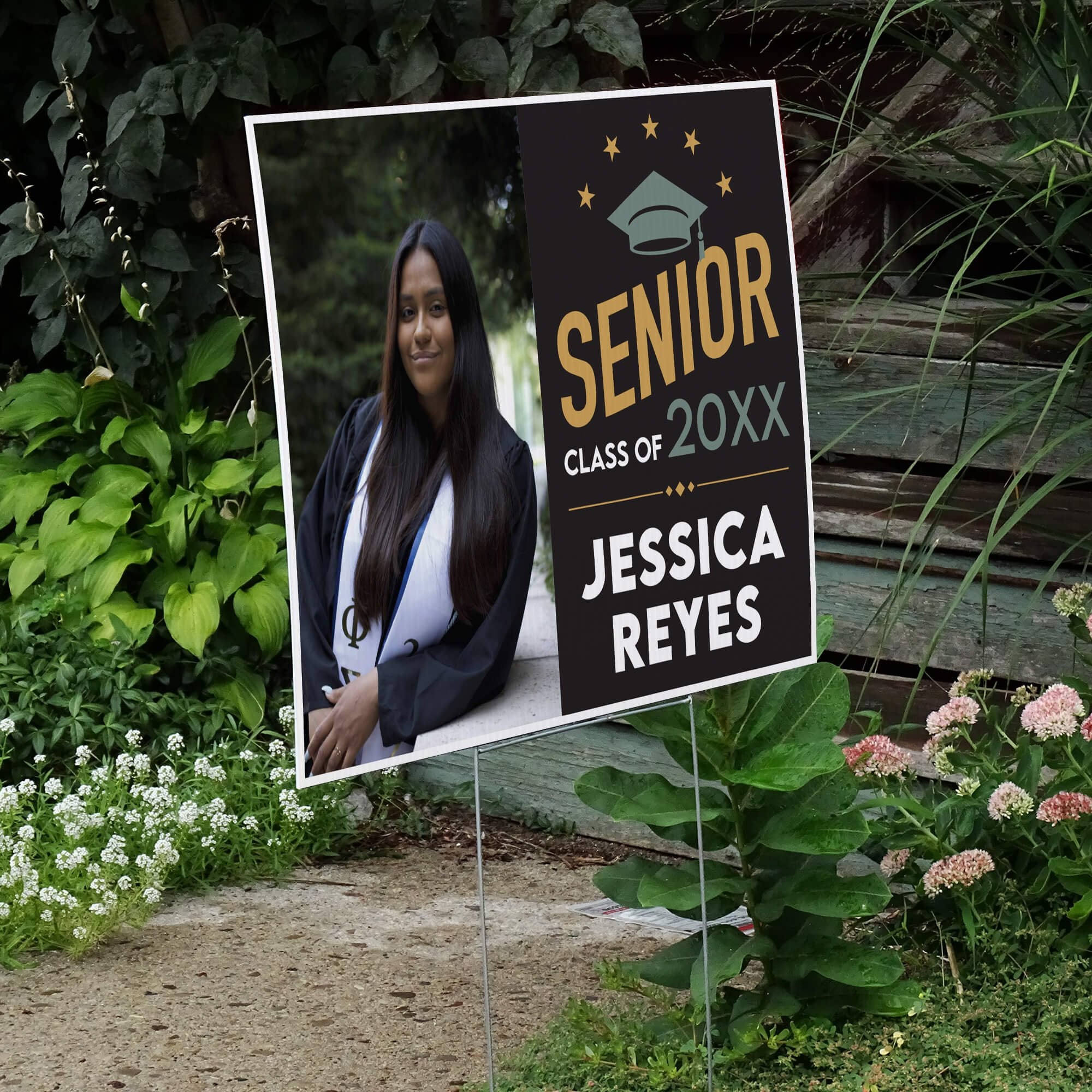 Modern Design Senior Graduation Yard Sign displayed by a pathway leading to stairs