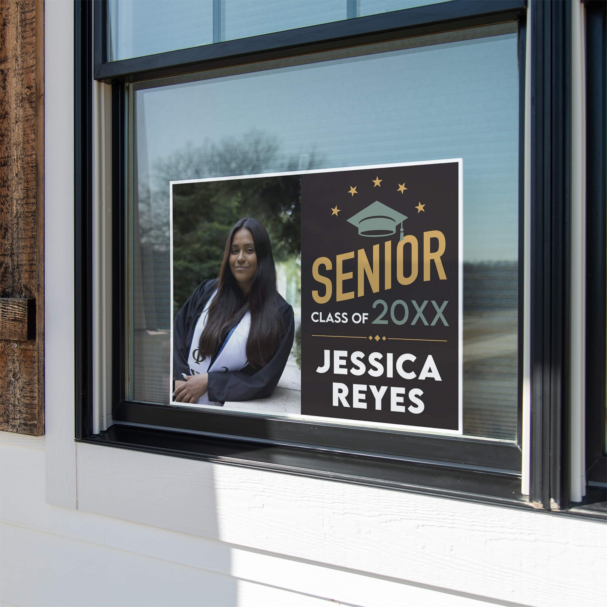 Modern Design Senior Graduation Yard Sign displayed in a window