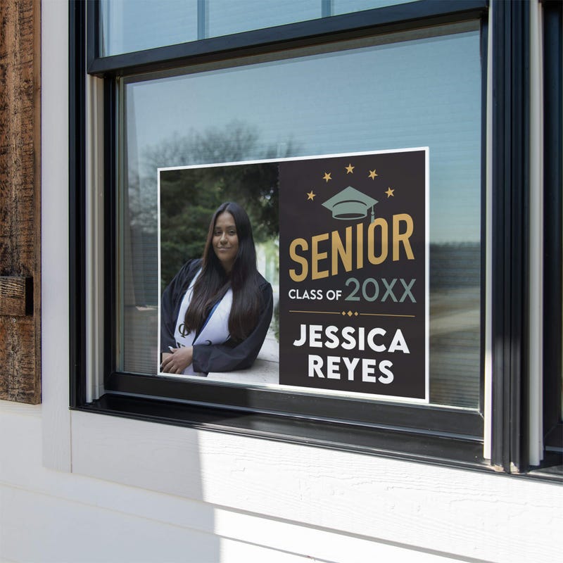 Modern Design Senior Graduation Yard Sign displayed in a window