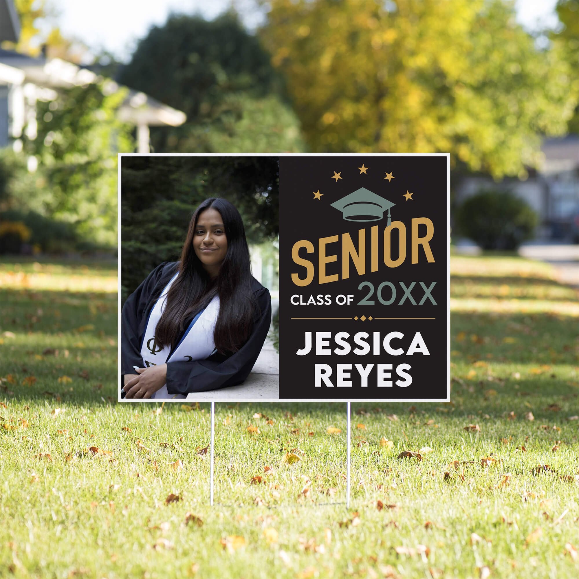 Modern Design Senior Graduation Yard Sign in a front yard