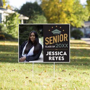 Modern Design Senior Graduation Yard Sign in a front yard