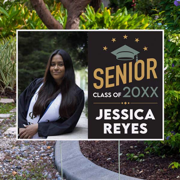 Modern Design Senior Graduation Yard Sign displayed by pavement