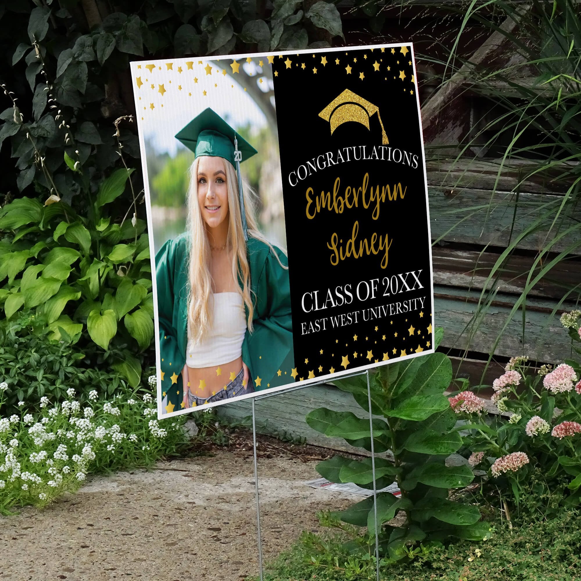 Star Border Graduation Yard Sign displayed by a pathway leading to stairs