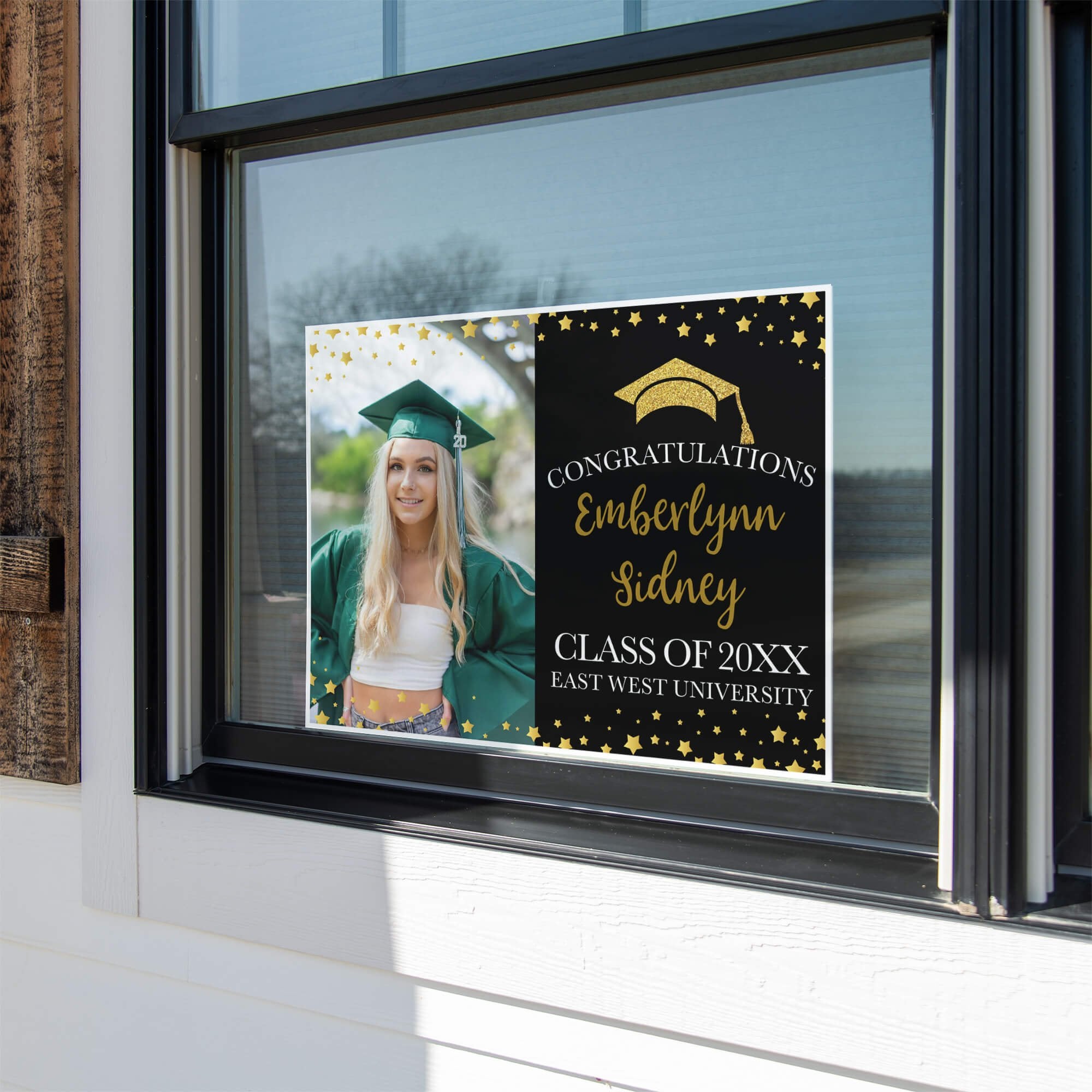 Star Border Graduation Yard Sign displayed in a window
