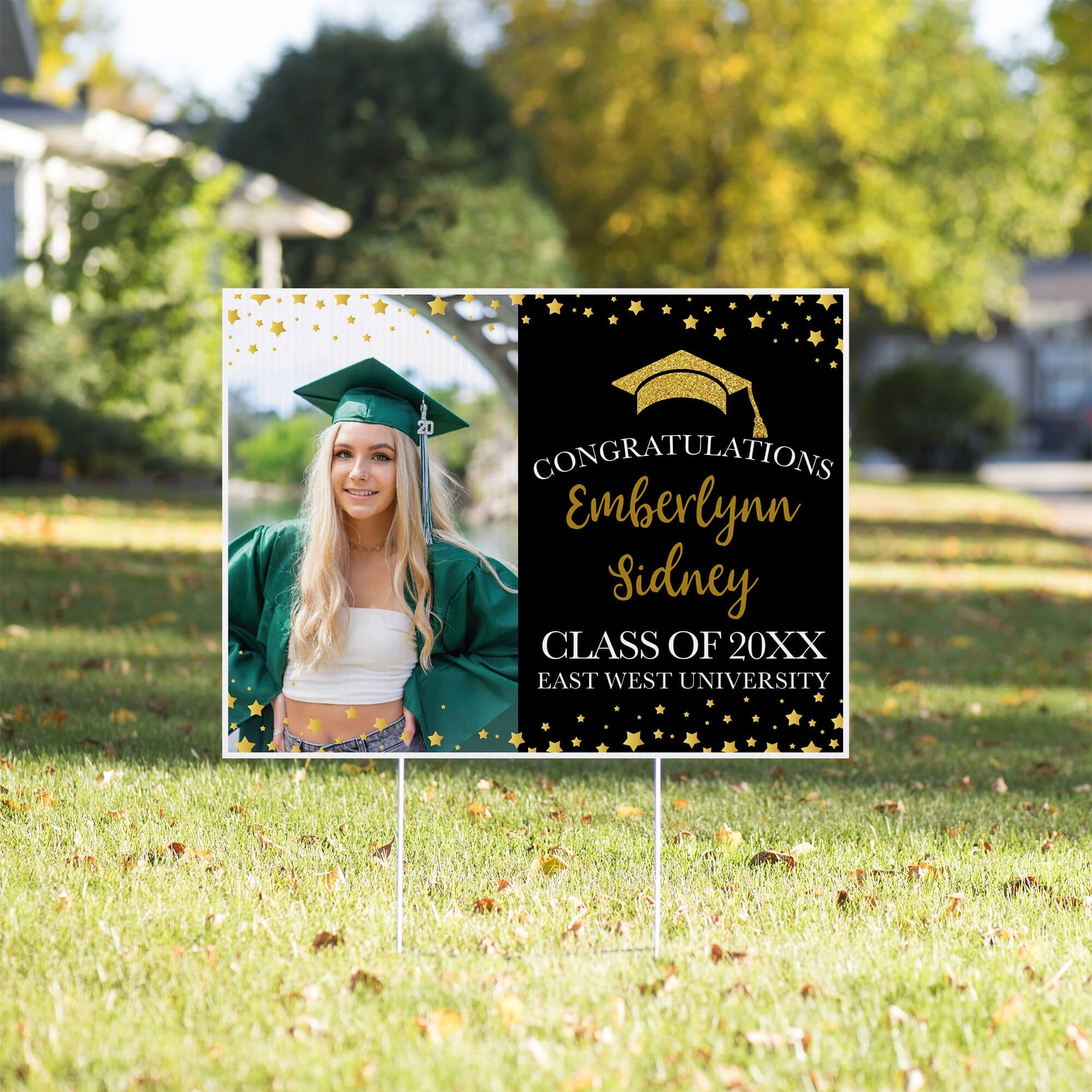 Star Border Graduation Yard Sign in a front yard