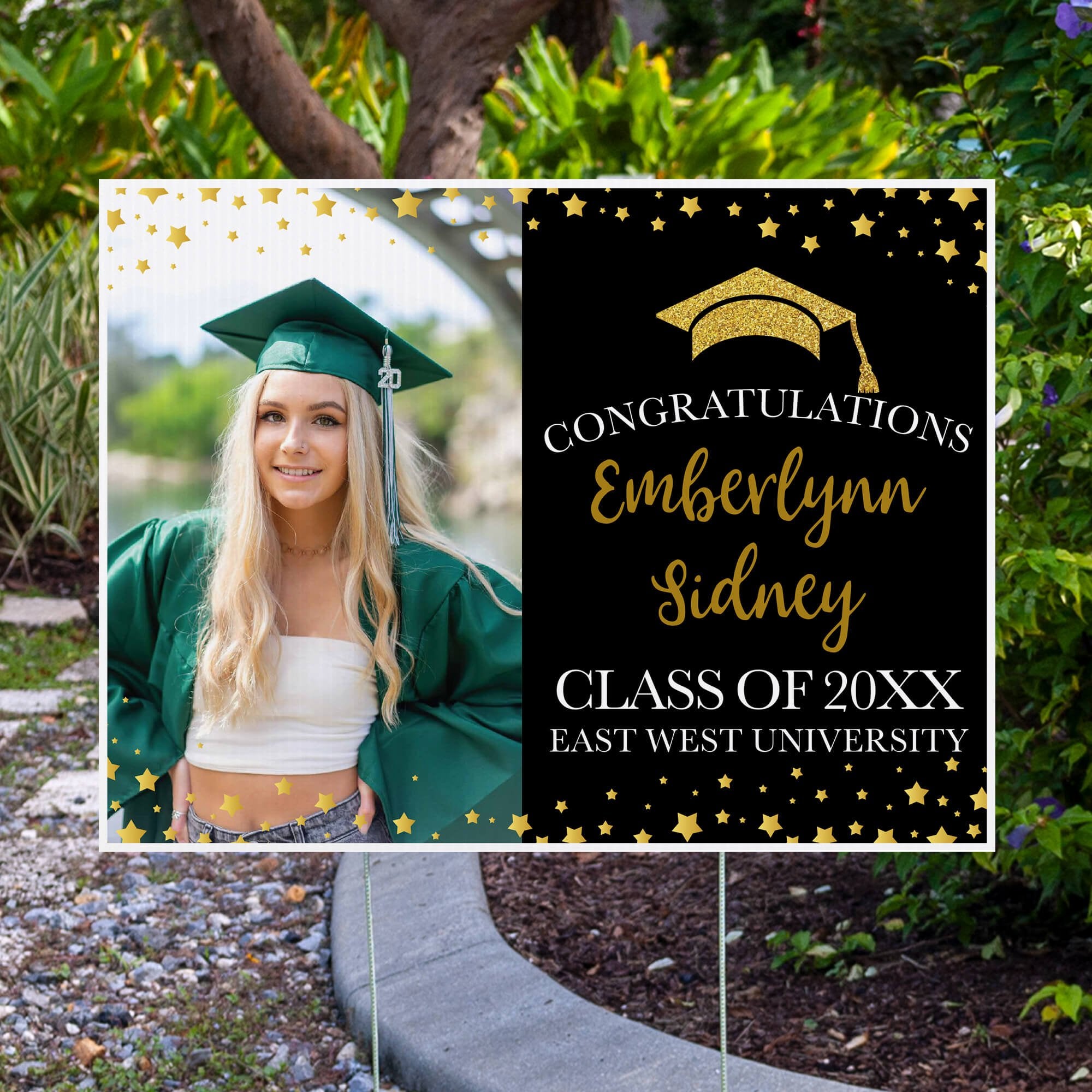 Star Border Graduation Yard Sign displayed by pavement