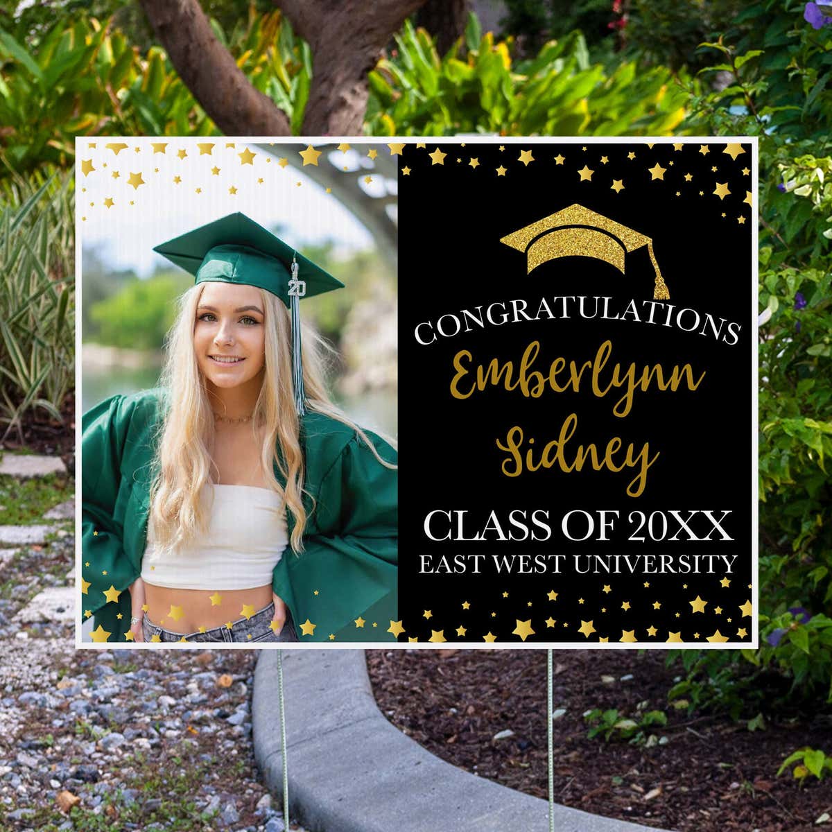 Star Border Graduation Yard Sign displayed by pavement