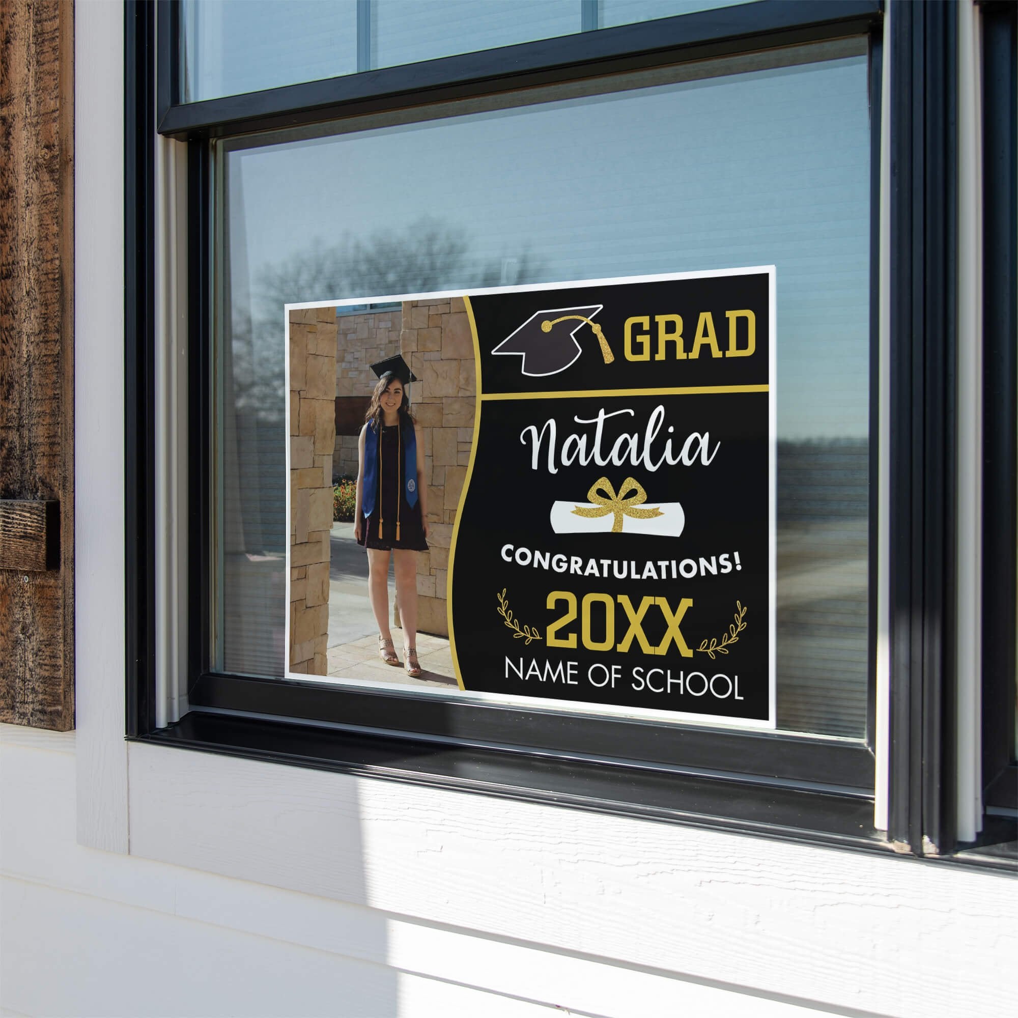 Wave Design Graduation Yard Sign displayed in a window
