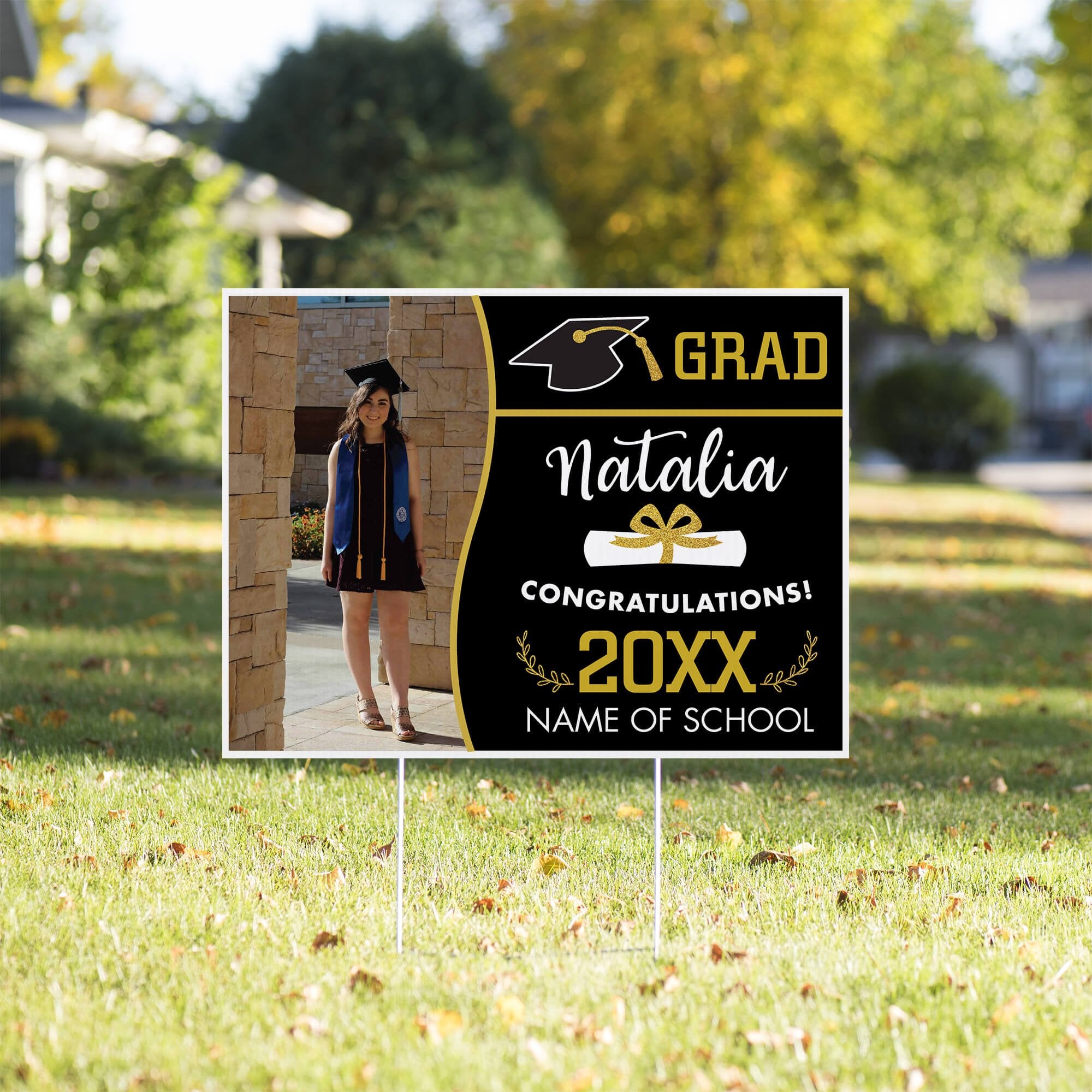 Wave Design Graduation Yard Sign in a front yard
