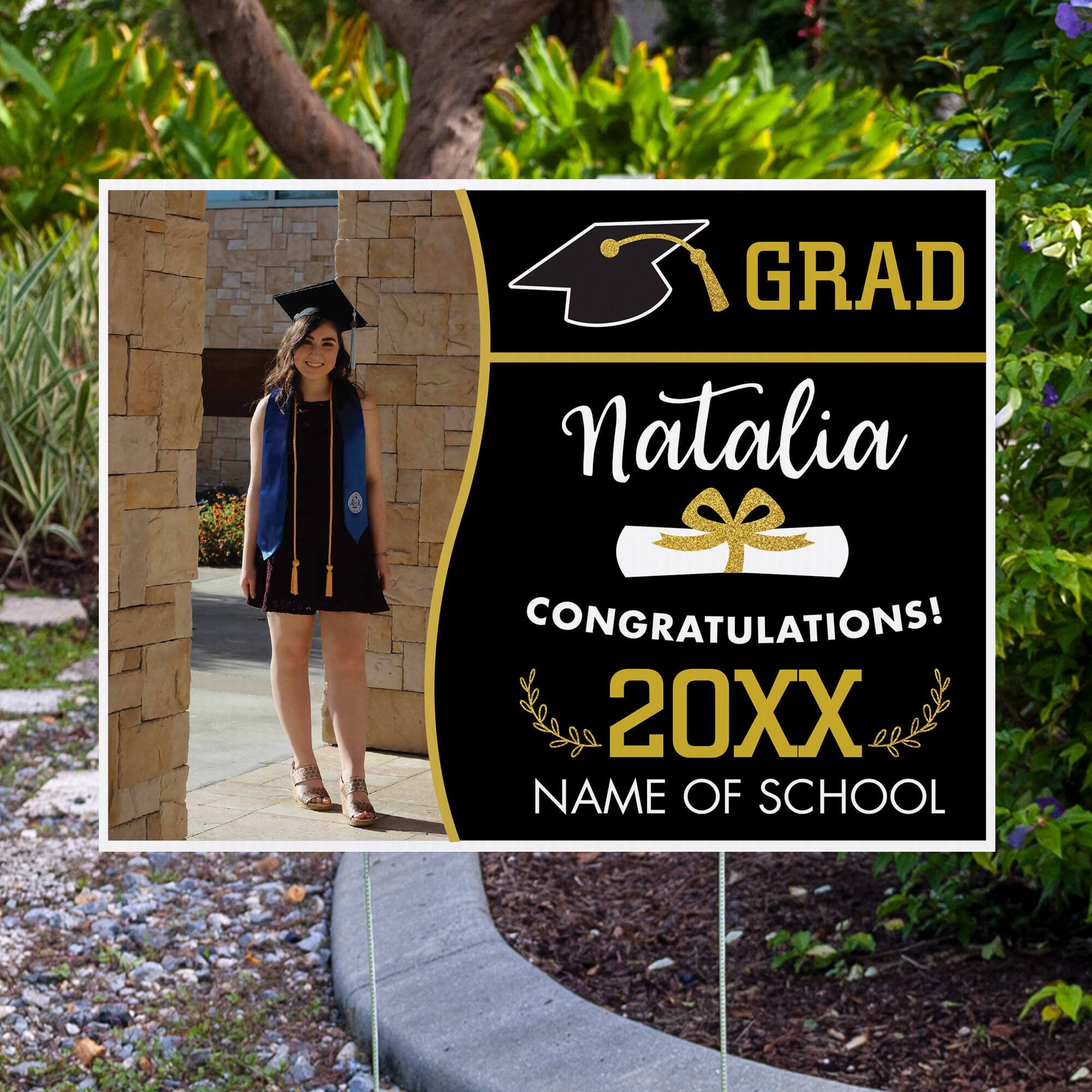 Wave Design Graduation Yard Sign displayed by pavement