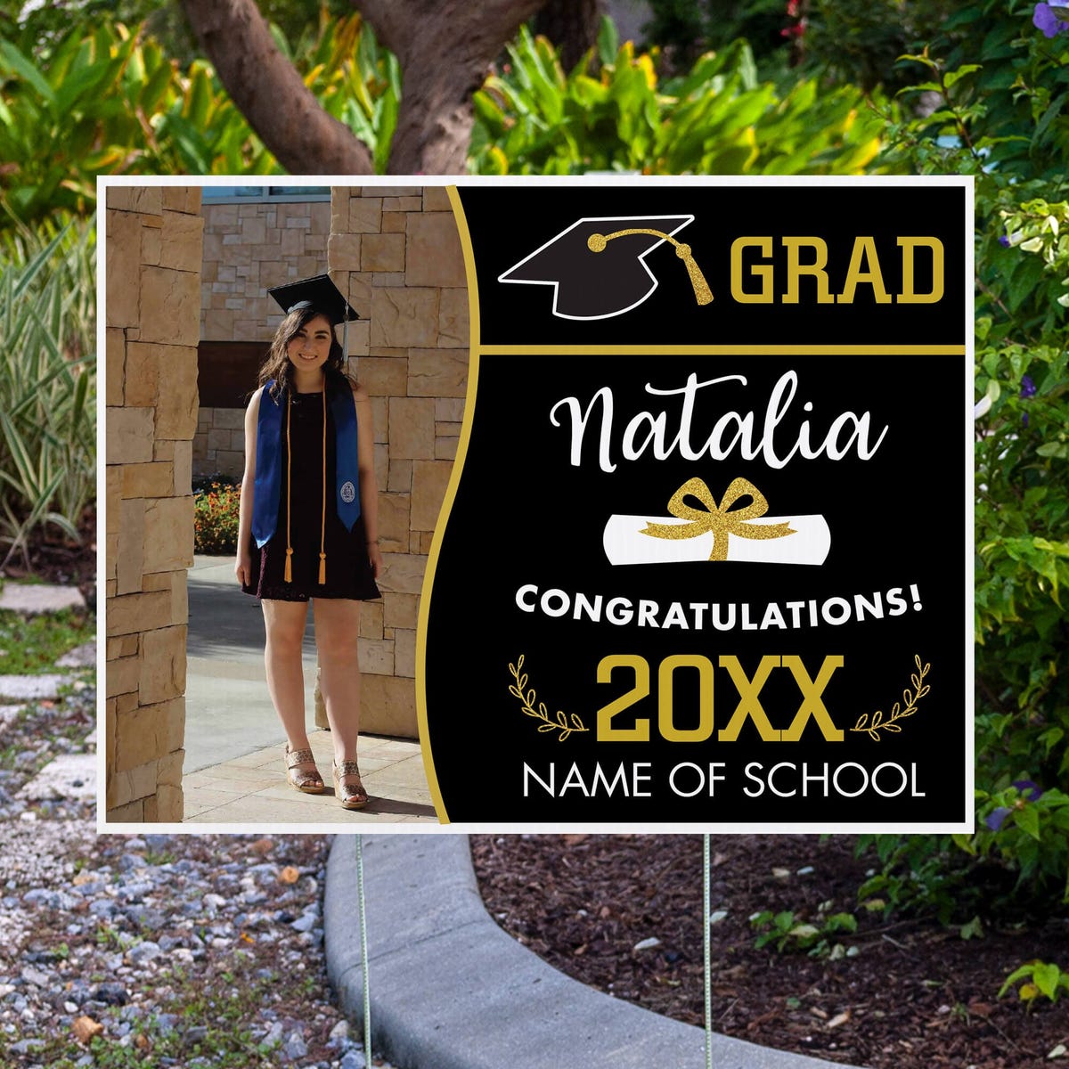 Wave Design Graduation Yard Sign displayed by pavement