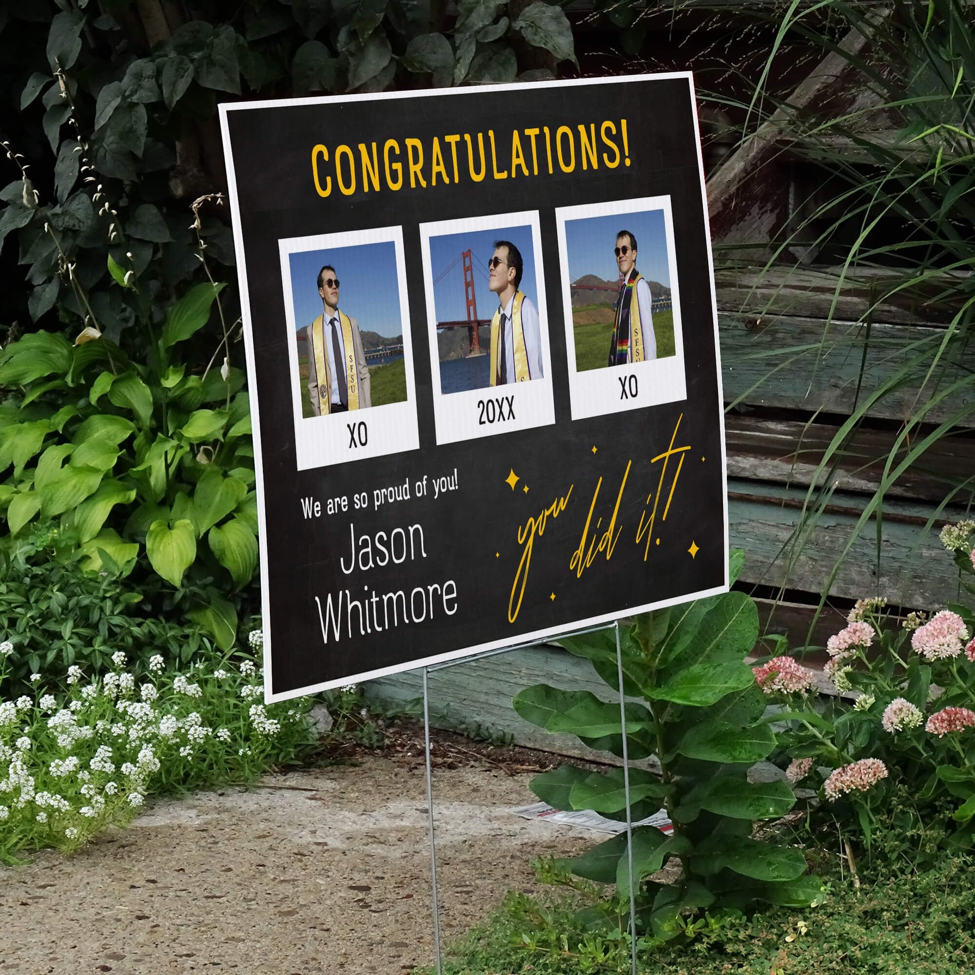 You Did It | Graduation Yard Sign displayed by a pathway leading to stairs