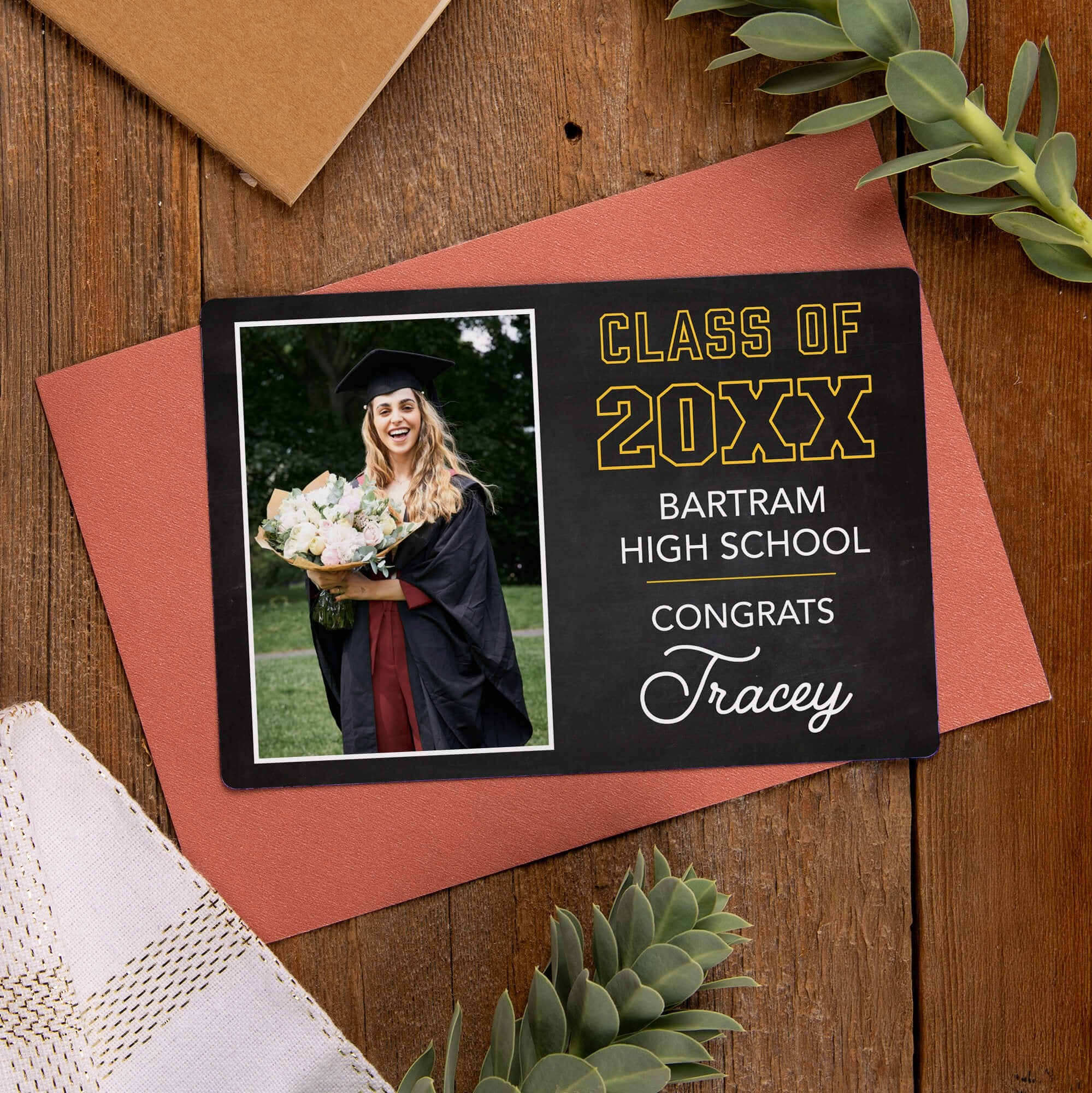 Custom Chalkboard Design Graduation Announcement photo magnet displayed on an envelope