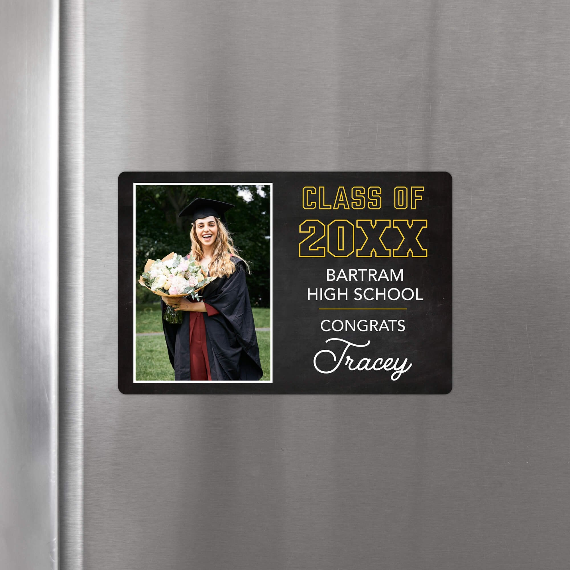 Personalized Chalkboard Design Graduation Announcement photo magnet displayed on a refrigerator