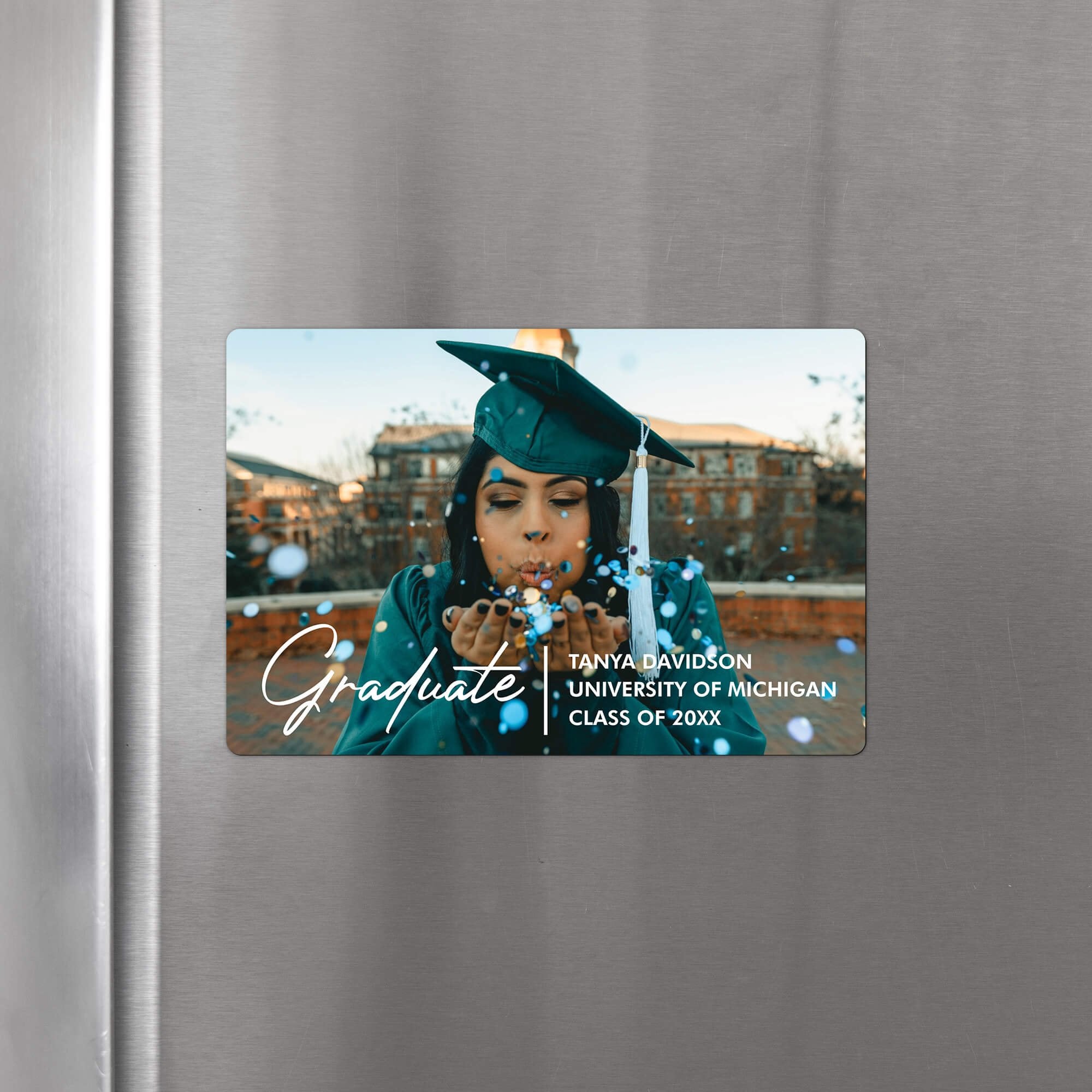 Personalized Custom Photo Graduation Announcement photo magnet displayed on a refrigerator