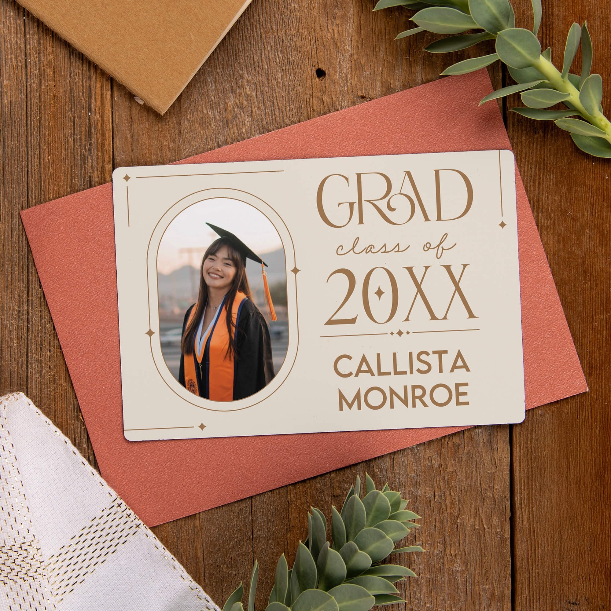 Modern Minimalist Graduation Announcement photo magnet displayed on an envelope 