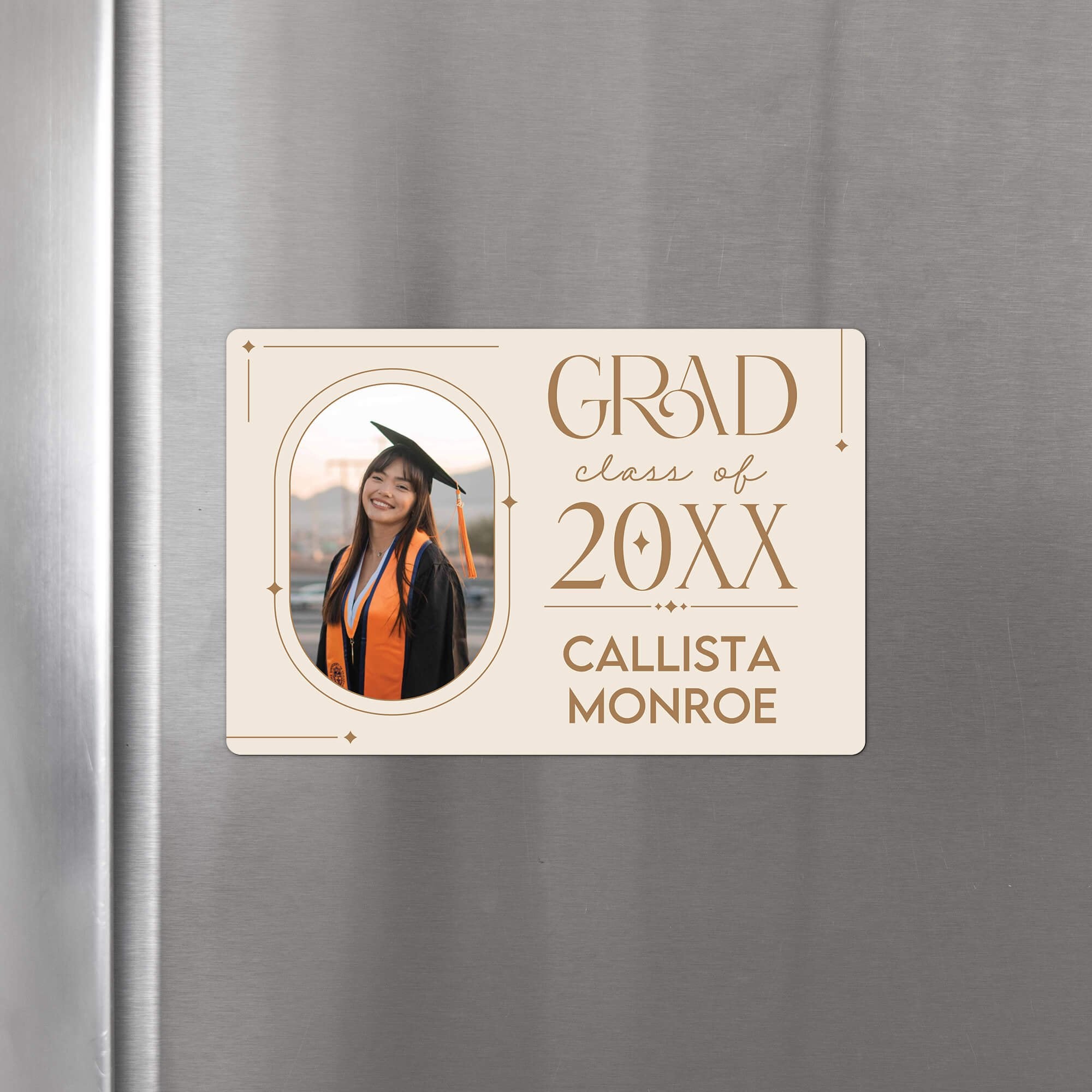 Personalized Modern Minimalist Graduation Announcement photo magnet displayed on a refrigerator