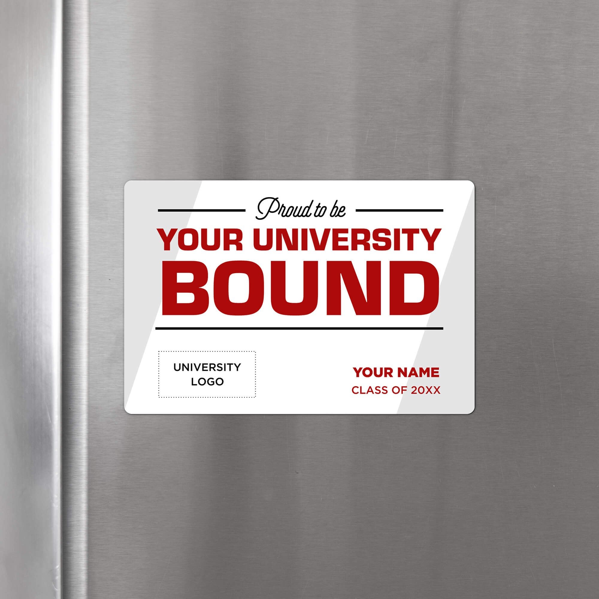 Personalized Proud to be College Bound Graduation Announcement magnet displayed on a refrigerator
