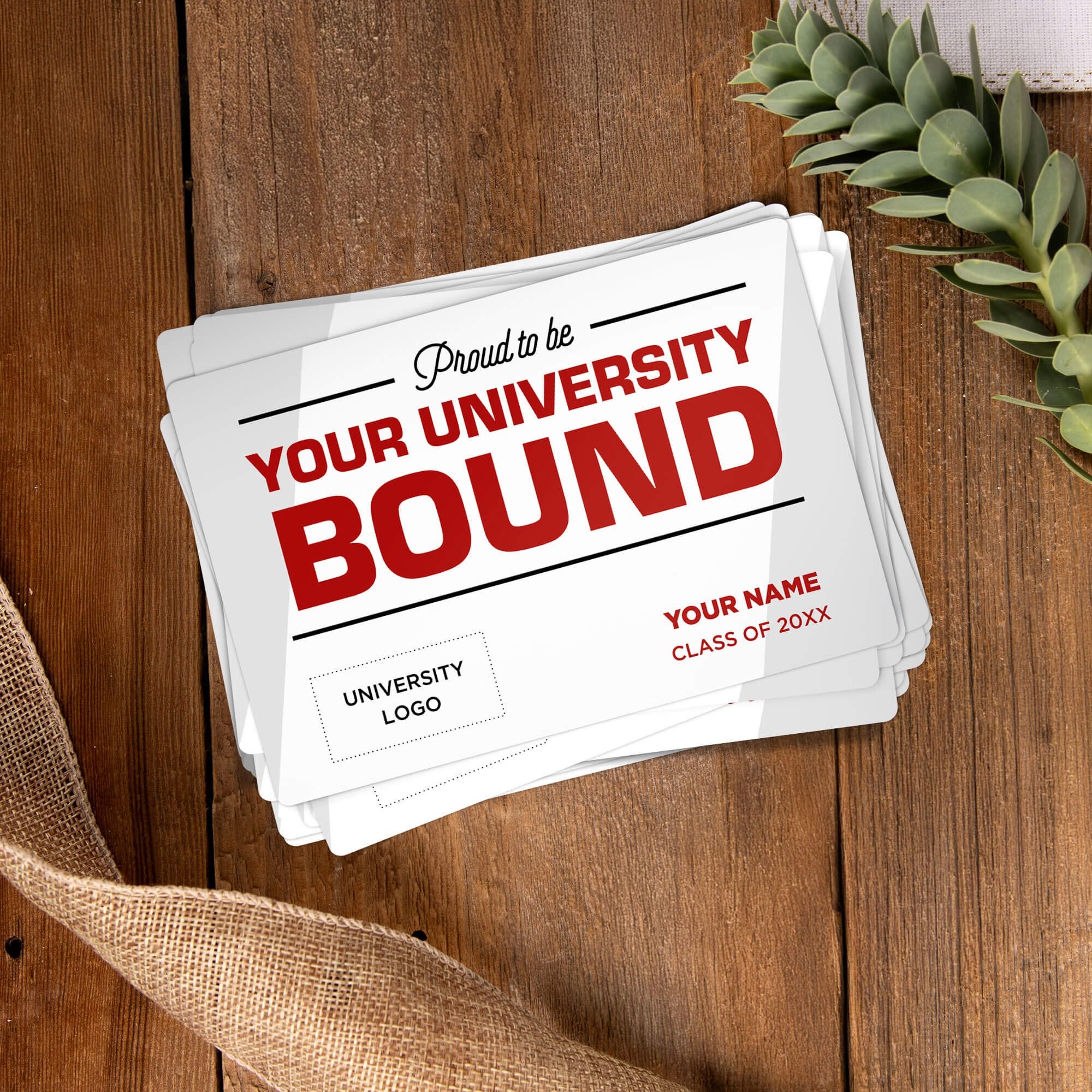 Stack of personalized Proud to be College Bound Graduation Announcement magnets on a wooden table