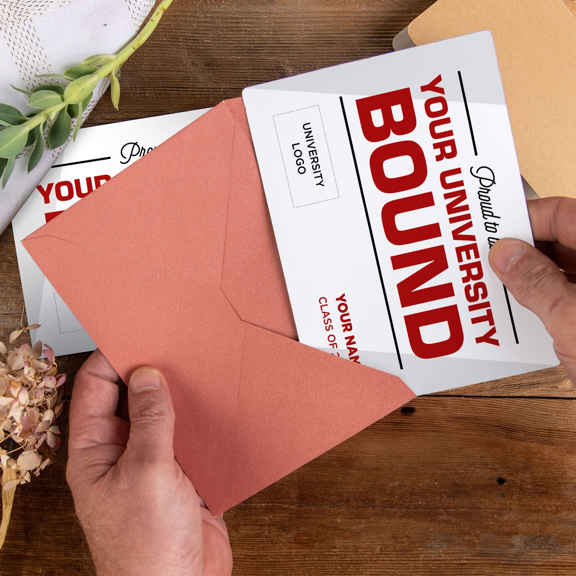 Personalized Proud to be College Bound Graduation Announcement magnet being placed into a rose colored envelope