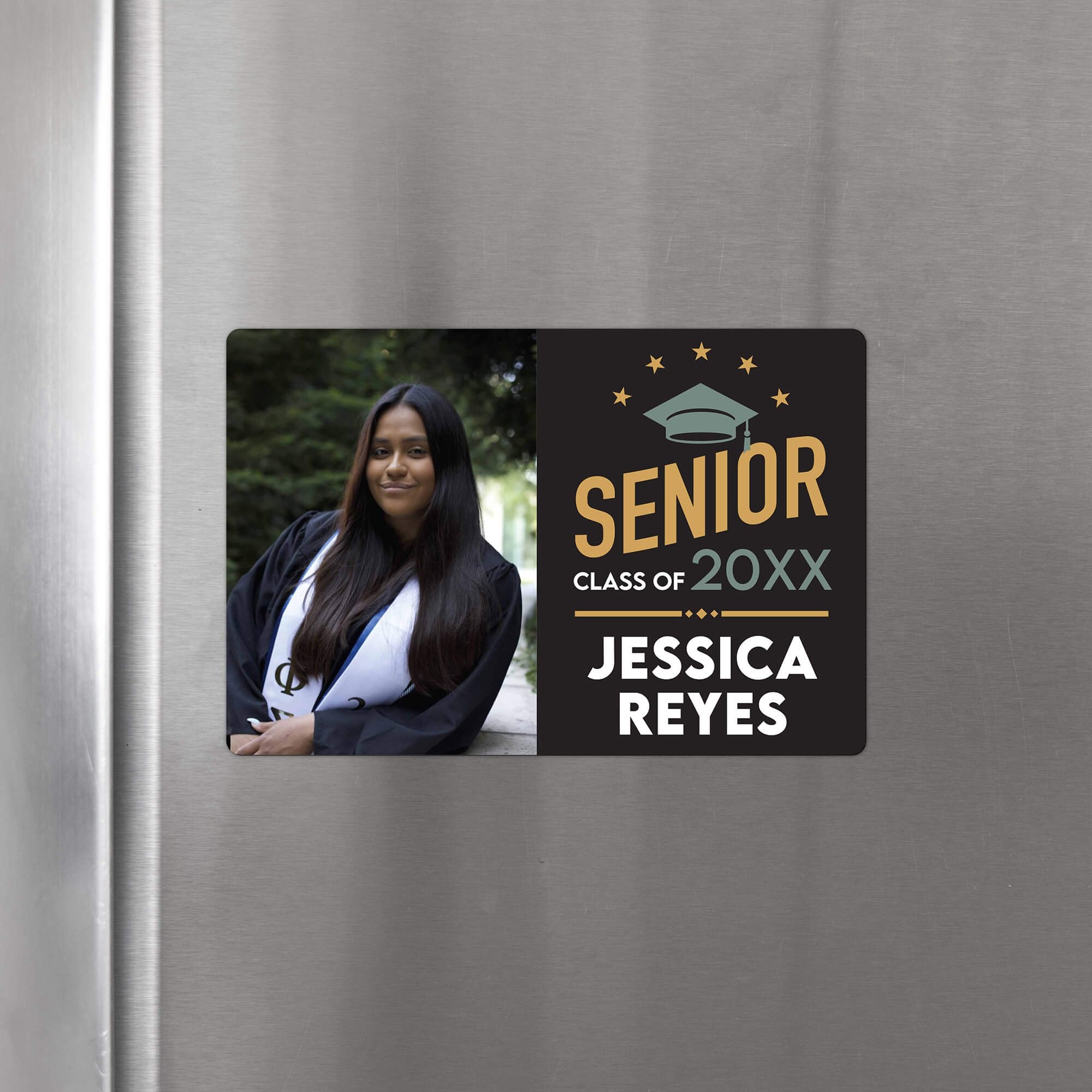 Personalized Modern Design Senior Graduation Announcement magnet displayed on a refrigerator