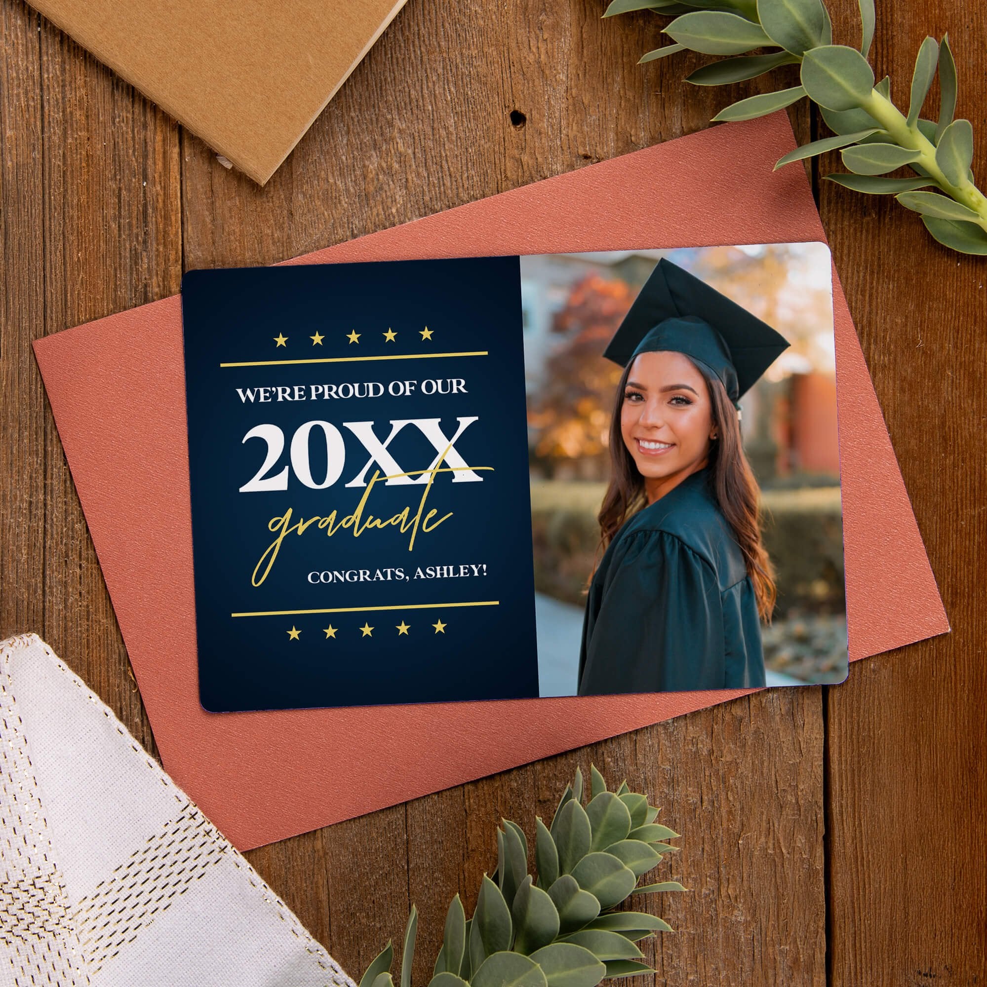 Custom photo magnet displayed on an envelope 