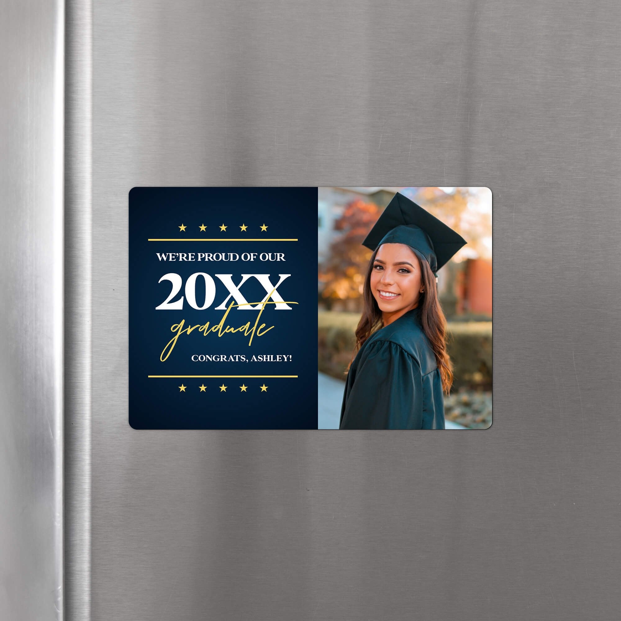 Personalized graduation photo magnet displayed on a refrigerator