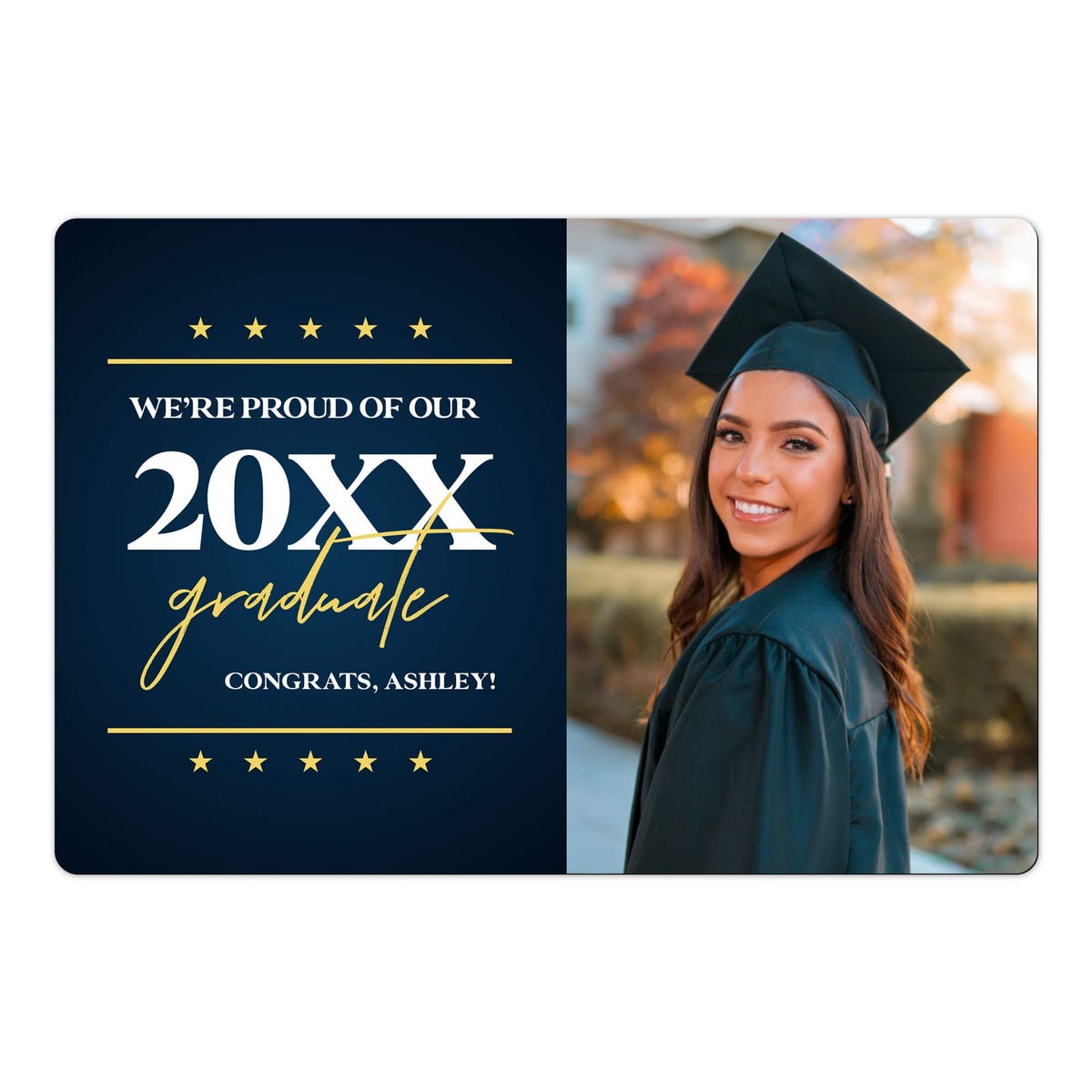 Star & Script Proud of Our Grad Graduation Announcement photo magnet on a white background