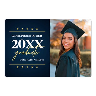 Star & Script Proud of Our Grad Graduation Announcement photo magnet on a white background
