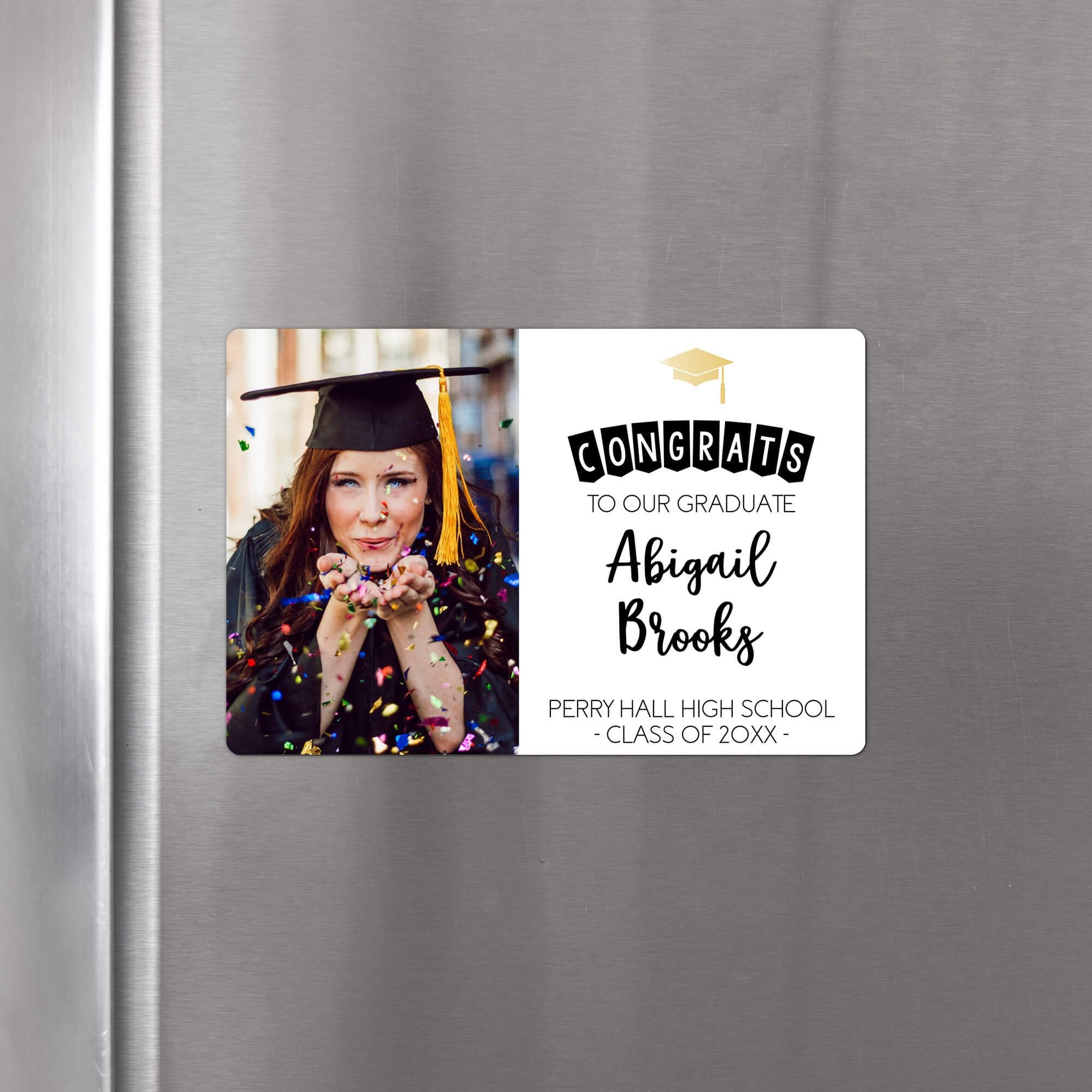 Personalized graduation photo magnet displayed on a refrigerator