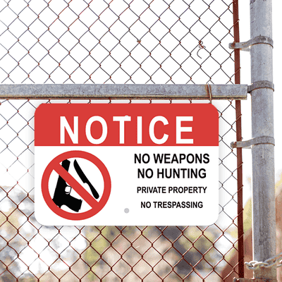 Horizontal No Weapons or Hunting Sign - alternate view