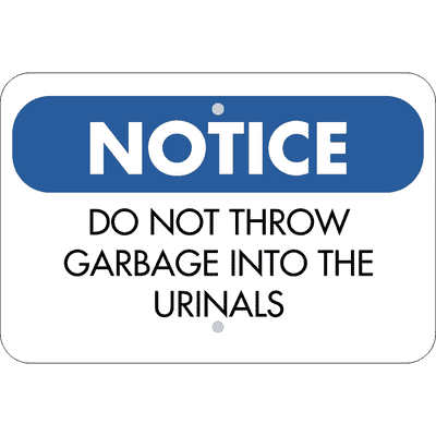 Horizontal No Garbage in Urinals Sign