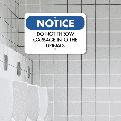 Horizontal No Garbage in Urinals Sign - alternate view