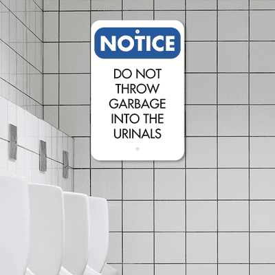 Vertical No Garbage in Urinals Sign - alternate view