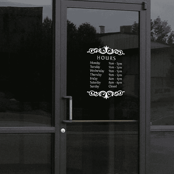 Baker Die Cut Hours of Operation Decal on a storefront window