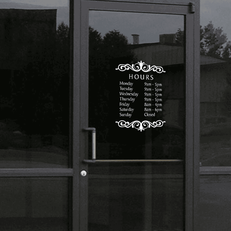 Baker Die Cut Hours of Operation Decal on a storefront window